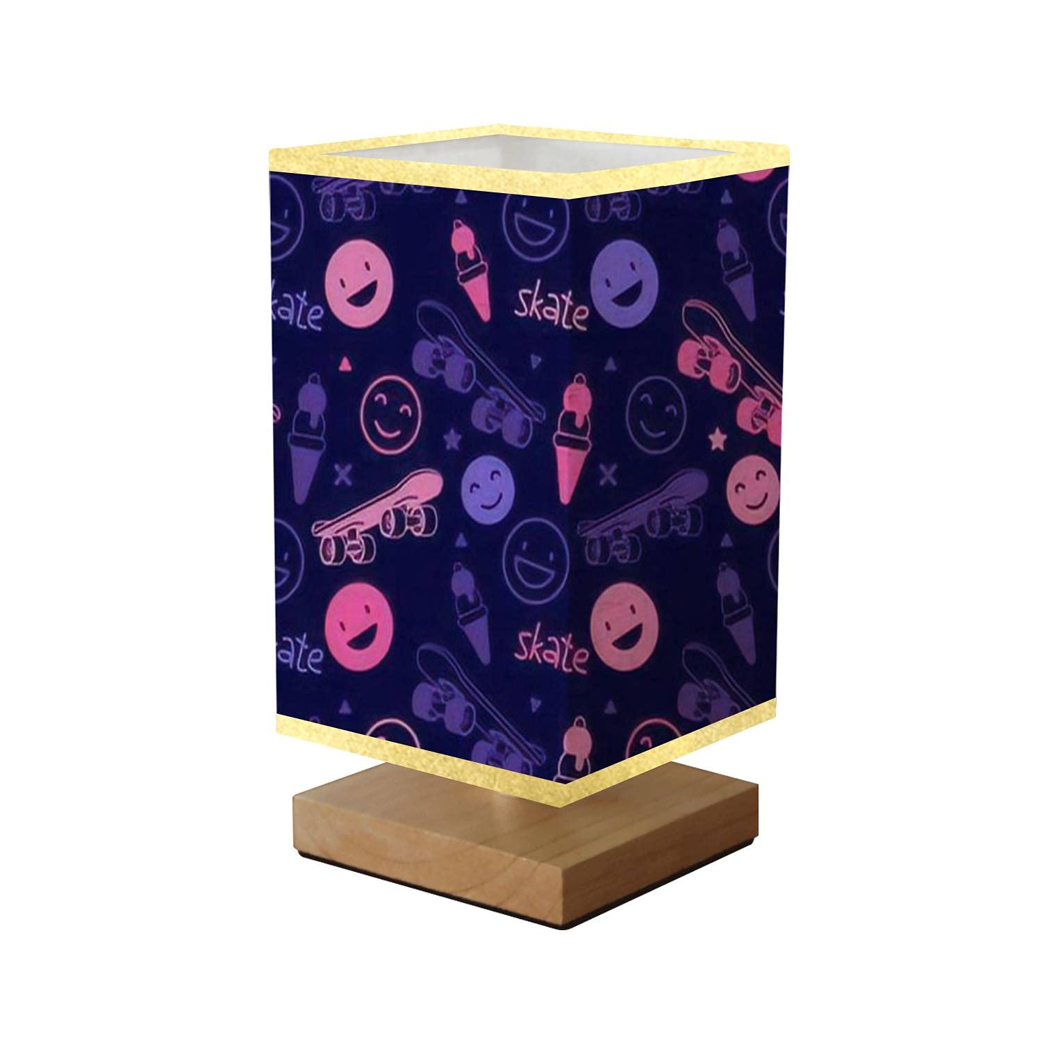 **Skateboard Neon Nightstand Lamp - Dimmable Wooden Base with Flaxen Fabric Shade, Cartoon Skateboard & Smile Design - Perfect for Bedroom, Living Room, Dorm & Office Decor**