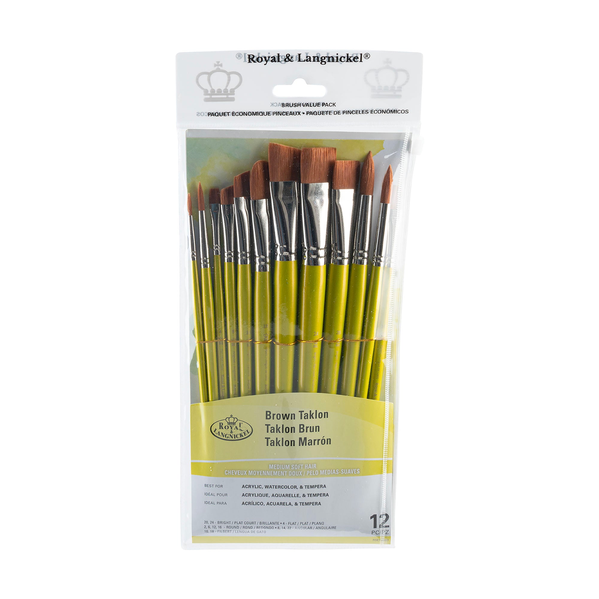 12 Pack Professional Brown Taklon Paint Brushes - Bright & Round Tip for Acrylic, Watercolor & Oil Painting - Perfect for Artists, Hobbyists & DIY Projects