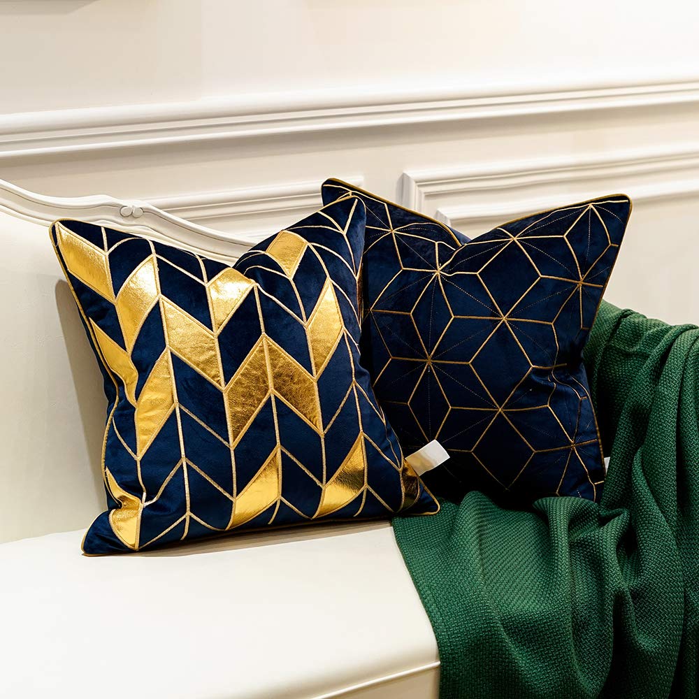 Avigers 18x18 Inch Navy Blue & Gold Plaid Luxury European Throw Pillow Cover - Decorative Cushion Case for Sofa, Living Room, Bedroom, Car - Perfect for Home Decor, Gifts & Seasonal Styling