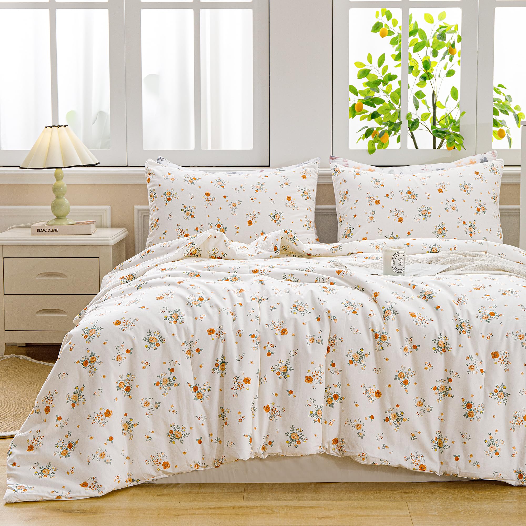 ATsense Queen Comforter Set - 3 Piece White Floral Botanical Bedding | All Season Soft Cotton Comforter with 2 Pillowcases | Perfect for Master Bedroom, Guest Room & Cozy Home Decor