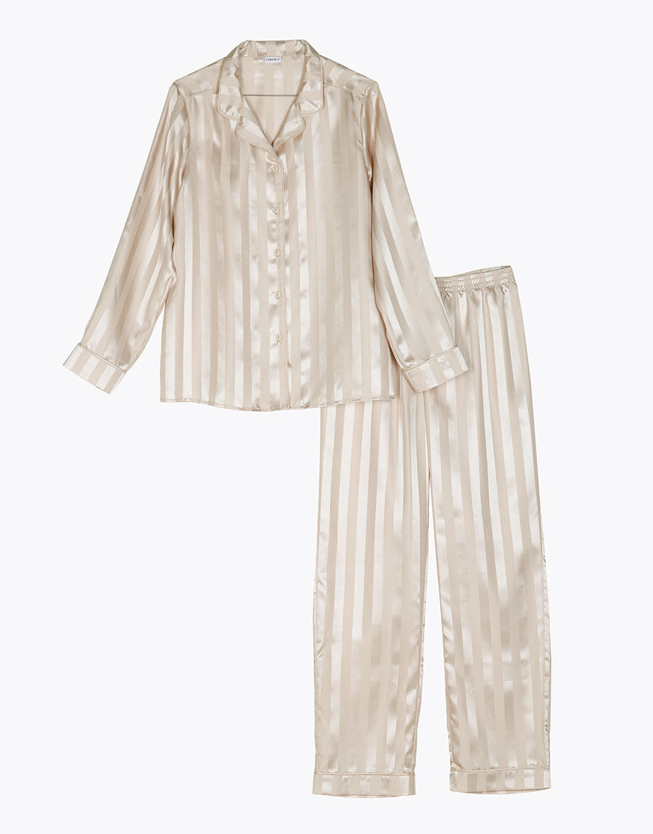 Women's Long Satin Almond Open Front Pajama Set - Elegant Sleepwear for Relaxing at Home & Cozy Lounging