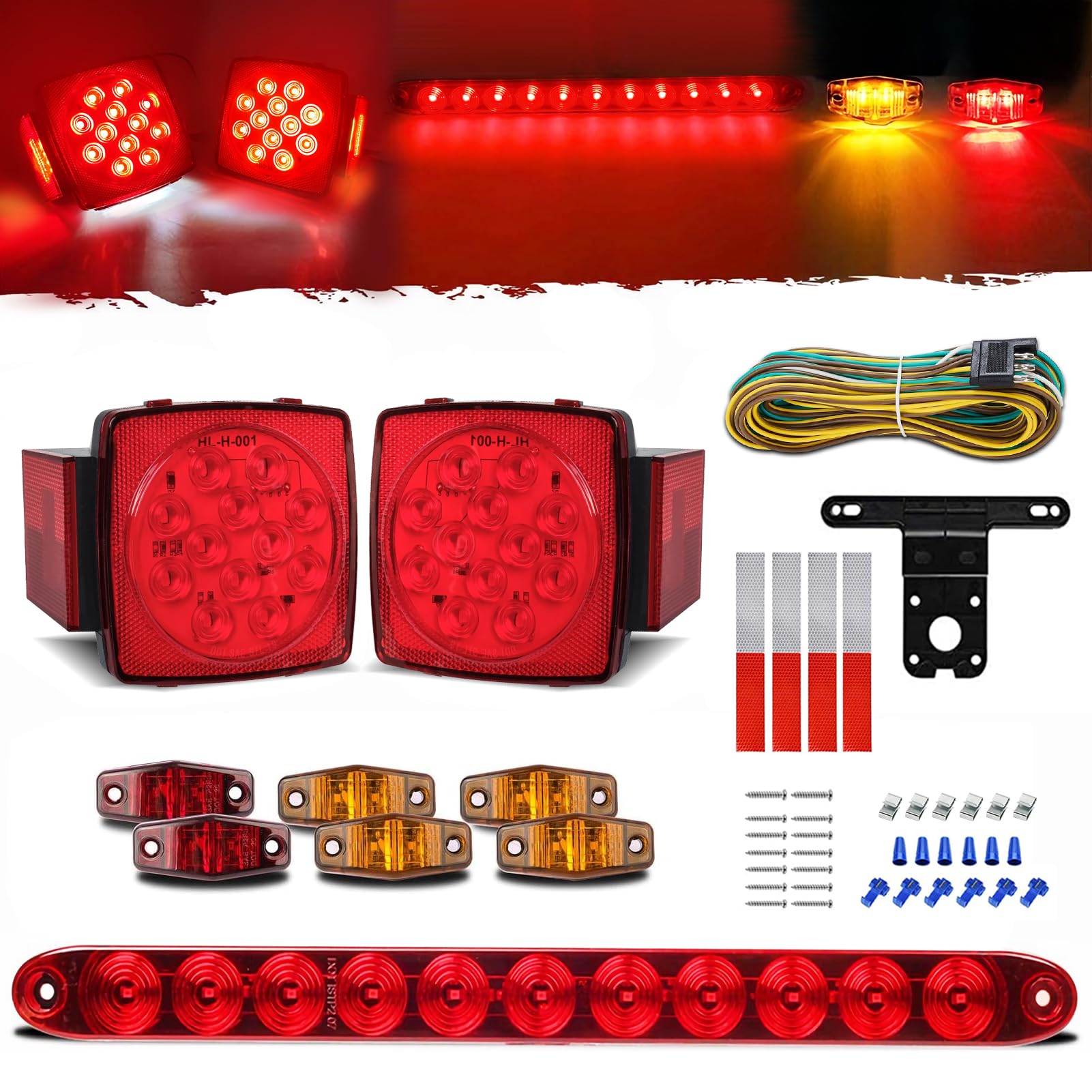 Complete LED Trailer Light Kit - Super Bright Submersible Boat Lights with Square Tail Lights, Marker Lights & Brake Light Bar | Waterproof Wiring Harness Included | Perfect for Trailers, Trucks, RVs & Marine Applications | Enhance Nighttime Visibility & Safety on Roads or Waterways