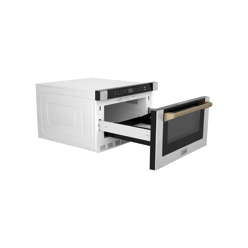 ZLINE Autograph Edition 24 Inch Built-In Microwave Drawer - 1.2 cu ft Capacity, Satin Stainless Steel with Champagne Bronze Accents, Traditional Handle (MWDZ 1 SS H CB) - Perfect for Modern Kitchens, Luxury Homes, and Gourmet Cooking Spaces