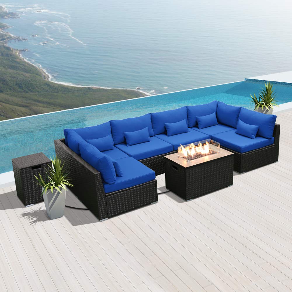 Premium Dineli Outdoor Patio Furniture Set - 7-Piece Sectional Sofa with Rectangular Gas Fire Pit Table, Royal Blue Cushions - Perfect for Backyard, Poolside & Garden Gatherings