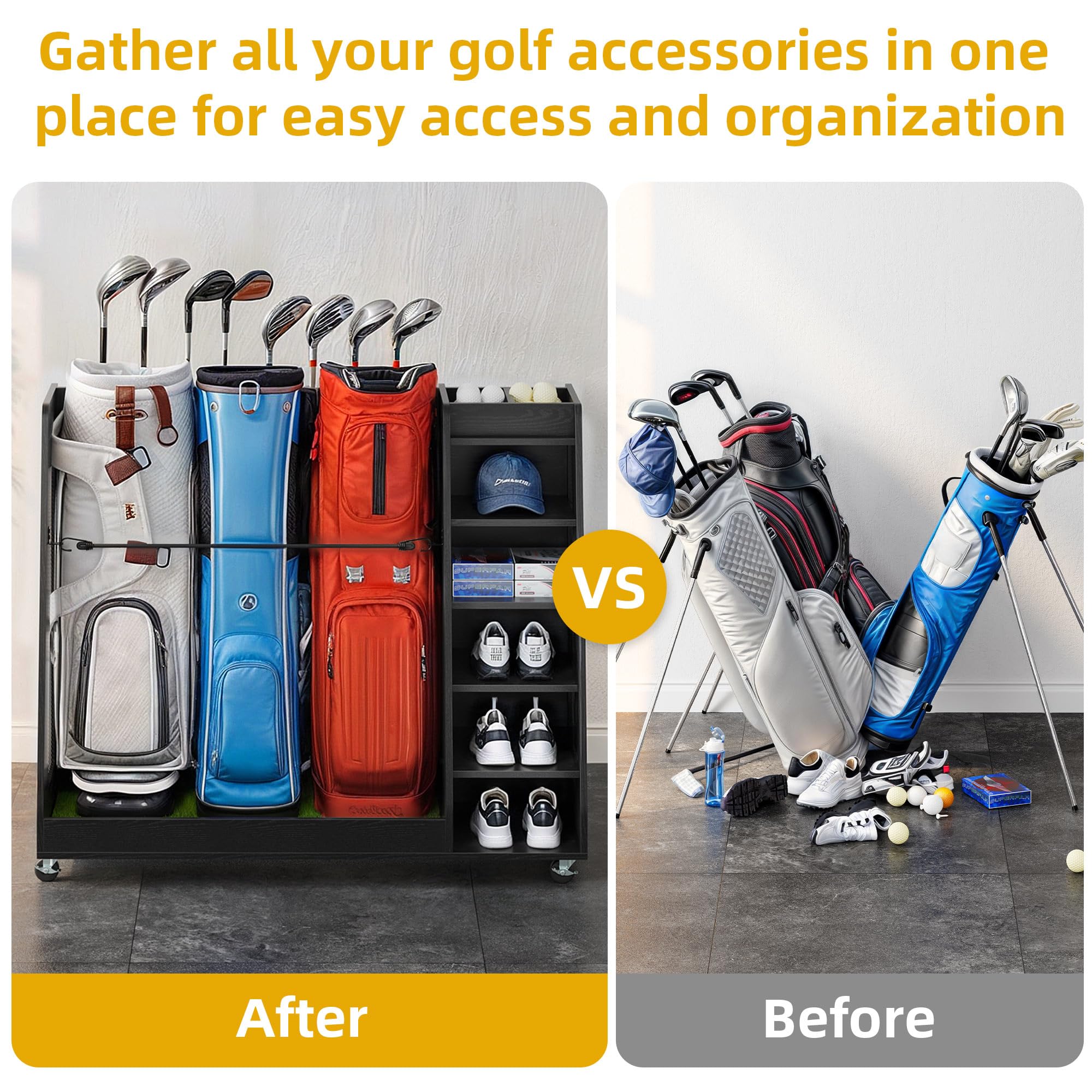 DWVO Wooden Golf Bag Stand Holder with Wheels - Garage Golf Storage Organizer for 2-3 Golf Bags, Clubs, Balls & Accessories | Space-Saving Golf Equipment Organizer for Home, Garage & Clubhouse Storage