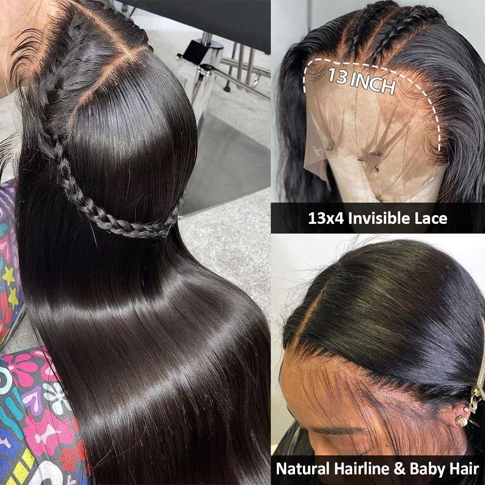 13x4 HD Transparent Lace Front Wigs Human Hair - Pre Plucked with Baby Hair, 180% Density Brazilian Straight Human Hair Wigs for Black Women | Natural Hairline, Black Color, 24 Inch | Perfect for Daily Wear, Special Occasions & Protective Styling