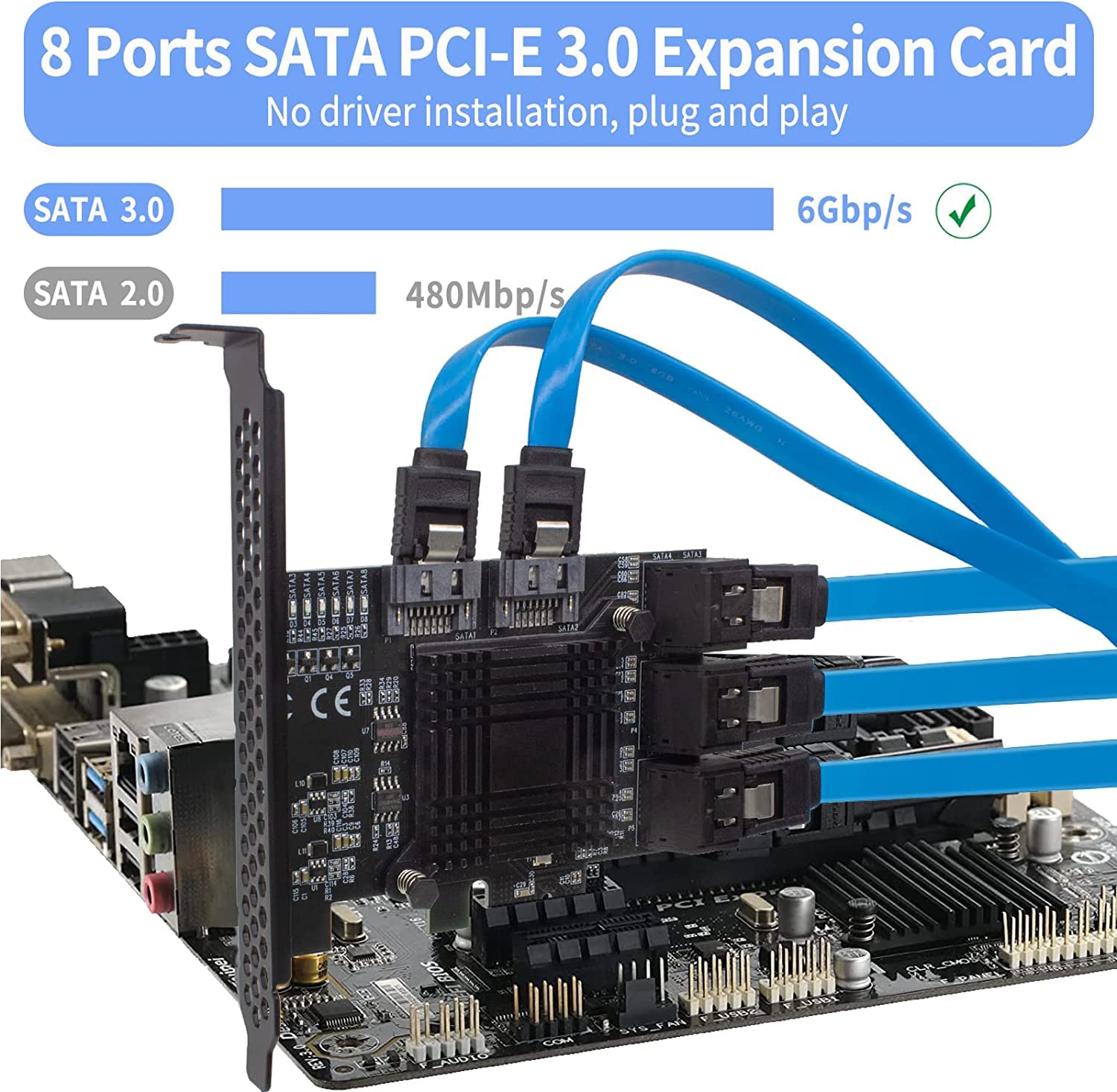 ACTIMED 8-Port SATA Controller Card PCIe 3.0 - 6Gbps SATA III Expansion Card with 8 SATA Data Cables - Supports Windows, Mac, Linux - Ideal for PC Builds, RAID Arrays & Data Storage Expansion
