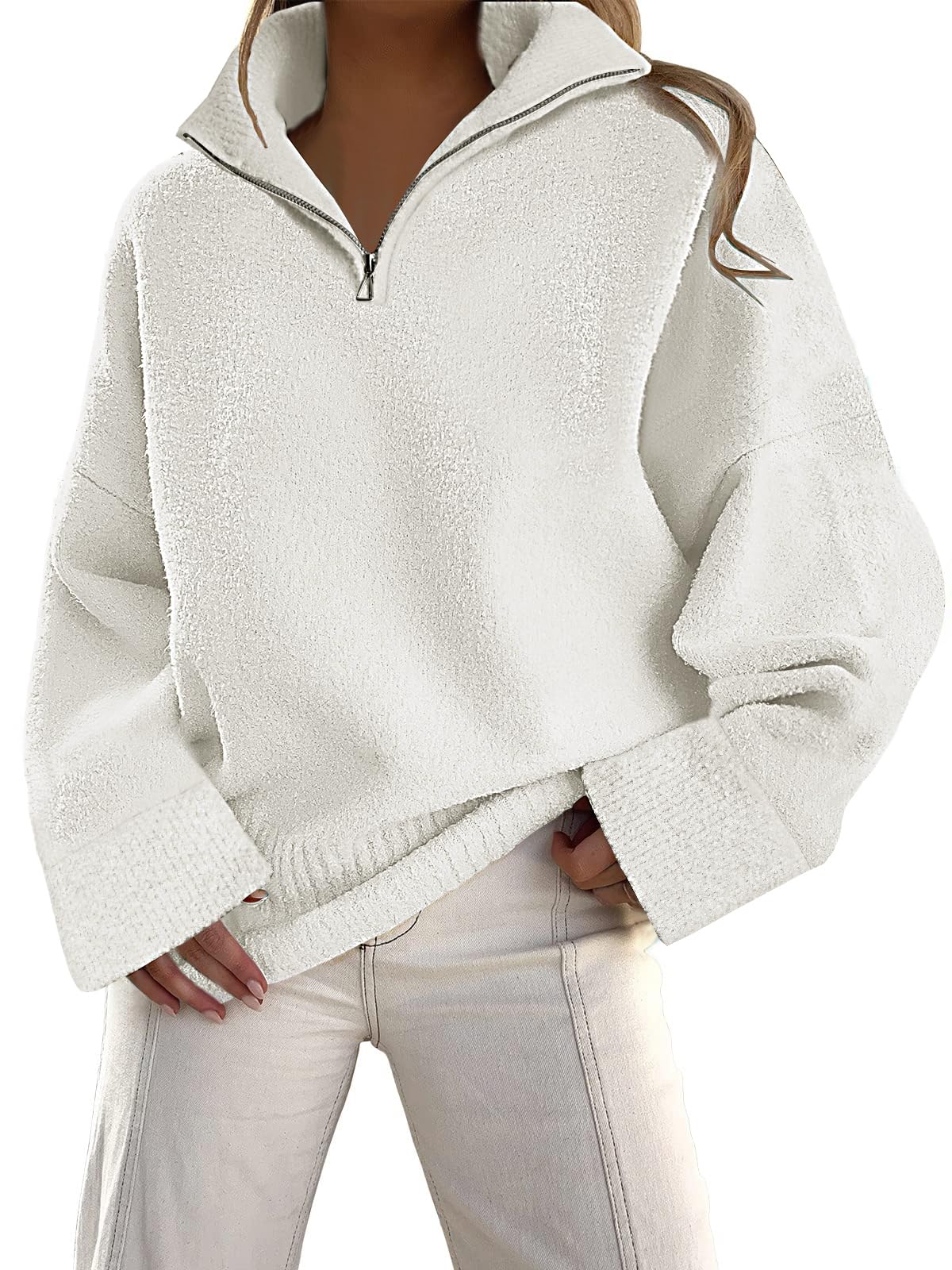 LILLUSORY Women's Oversized Half Zip Sweater - Fuzzy Knit Chunky Pullover with V-Neck for Fall 2024 | Warm & Cozy Winter Fashion | Perfect for Casual Outfits, Office Wear & Weekend Relaxation