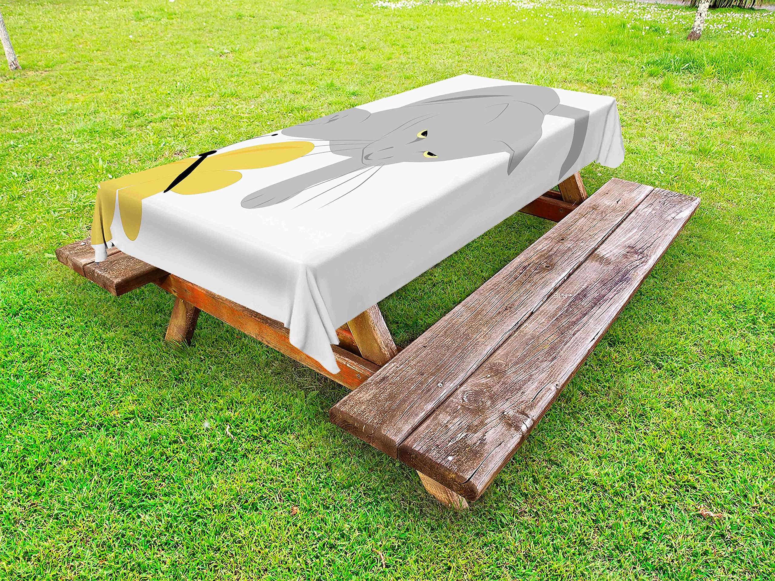 Ambesonne Cat Print Outdoor Tablecloth - Grey and Yellow Spring Butterfly Design, Washable Picnic Table Cover 58x84 Inches - Perfect for Garden Parties, BBQs, and Outdoor Dining (Black Marigold & Grey)