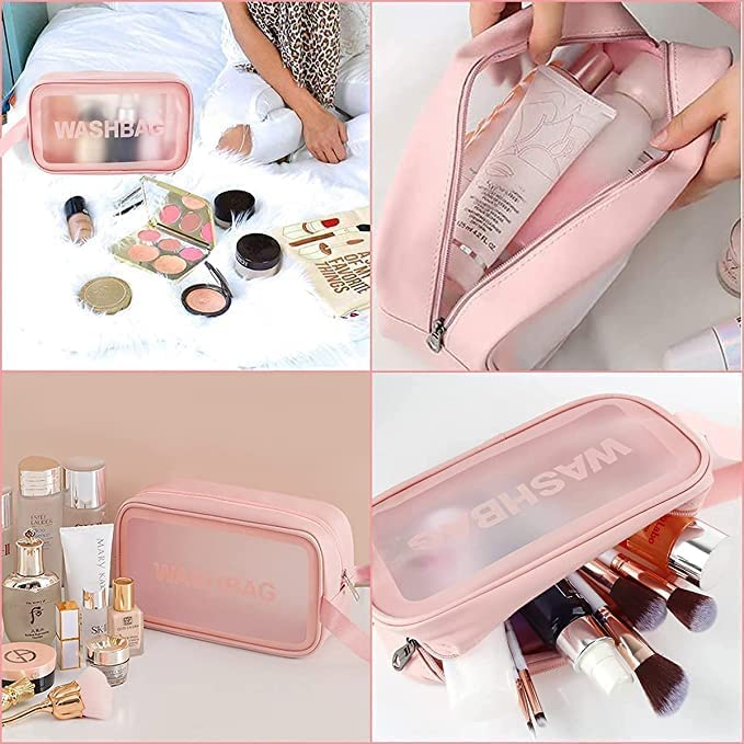 SYGNIUS Waterproof PVC Cosmetic Bag - Travel Makeup Organizer for Toiletries, Brushes & Accessories | Portable Zippered Makeup Pouch for Home, Gym & Vacation (Pink) - Perfect for Daily Use, Travel Essentials & On-The-Go Touch Ups
