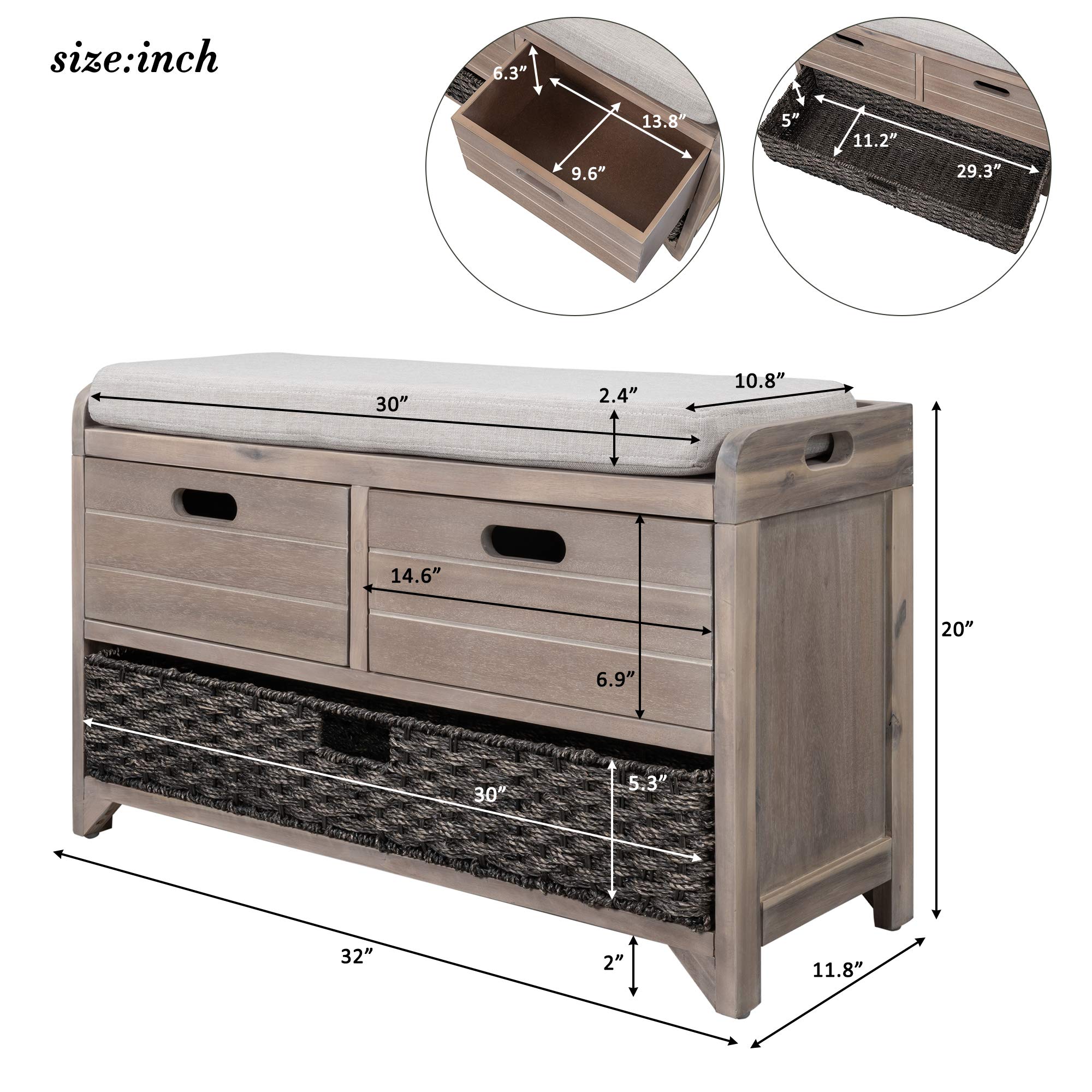 White Washed Storage Bench with Cushion & Drawers - Entryway, Bedroom, Living Room Organizer