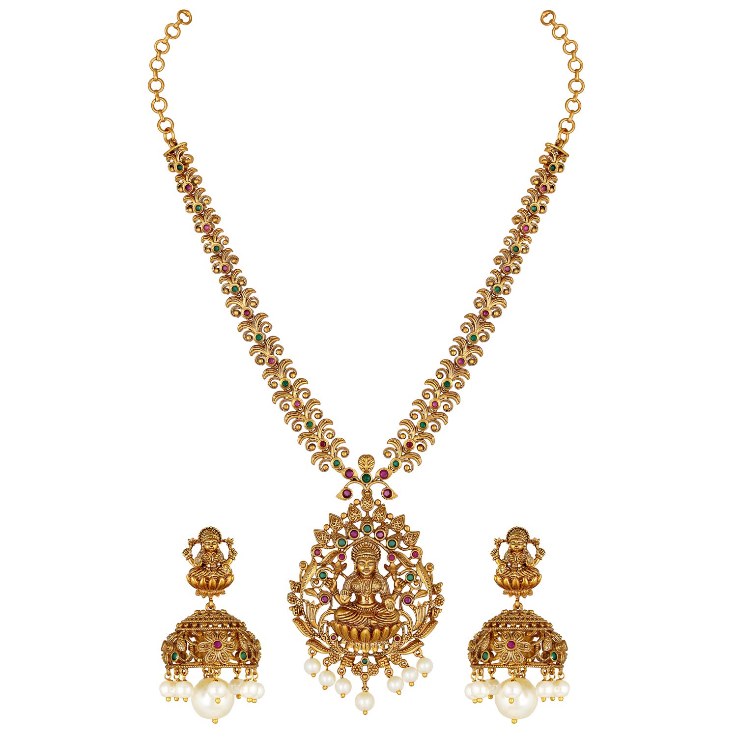 South Indian Traditional CZ Jewelry Set - Designer Necklace & Earrings for Women | Bollywood Ethnic Wedding Jewelry | Goddess Lakshmi Green Bridal Jewelry for Weddings, Parties & Festive Occasions