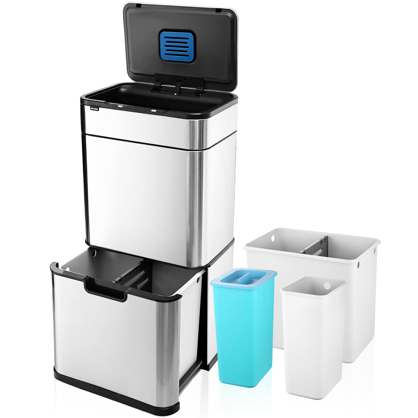 ELPHECO 13 Gallon Stainless Steel Automatic Motion Sensor Trash Can with 3 Compartment Bins - Touchless Kitchen Garbage Bin for Home, Office & Restaurant Use