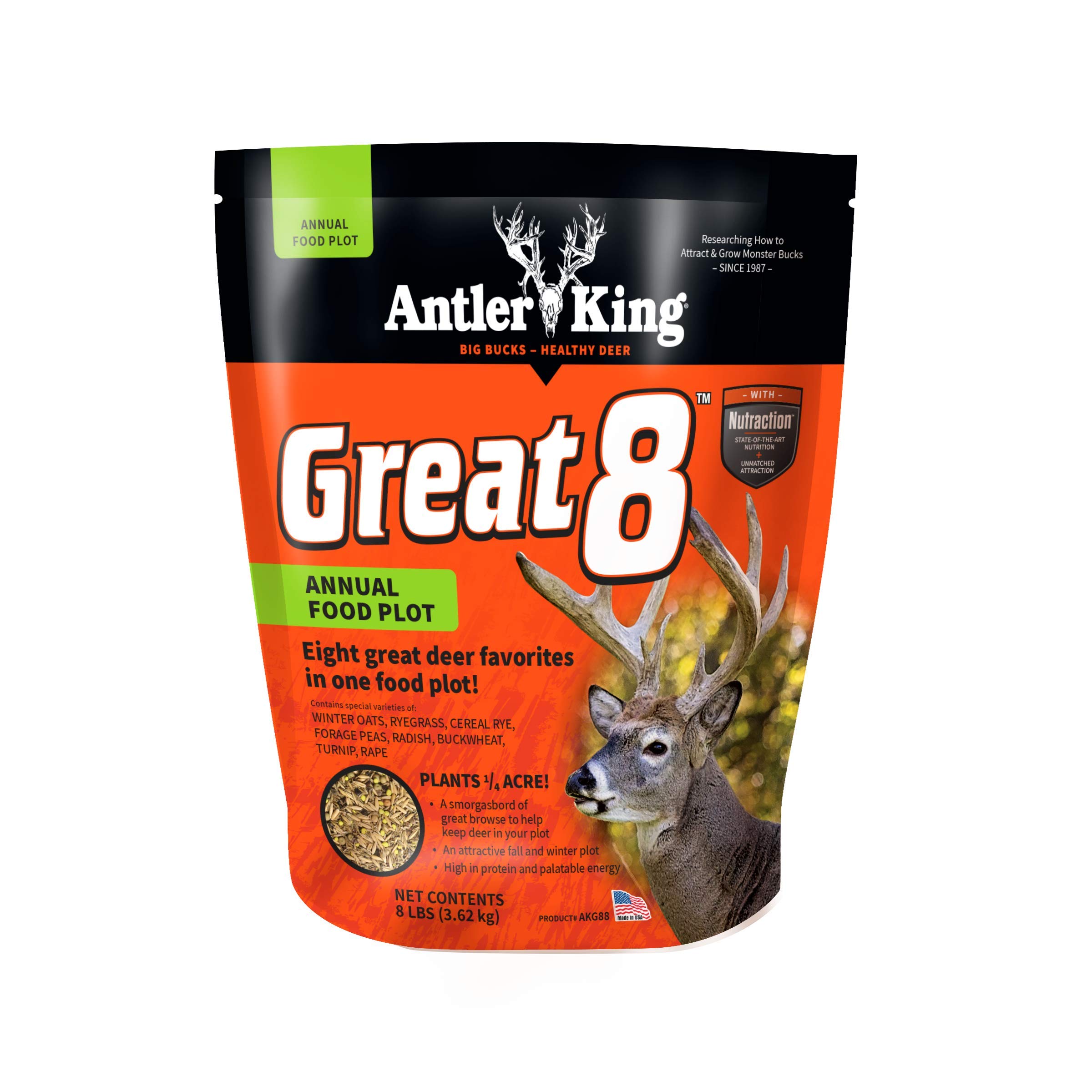 Antler King Great 8 Annual Deer Food Plot Mix - High Protein & Palatable Energy Blend with 8 Premium Varieties for Whitetail Deer - Covers 1/4 Acre - Perfect for Hunting Plots, Wildlife Attraction & Habitat Improvement