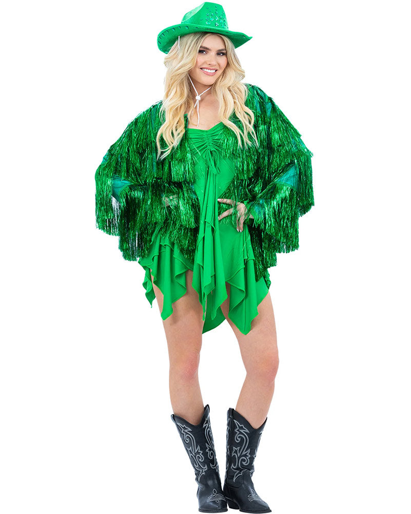Vintage 70s Green Tinsel Festival Jacket for Women - Retro Disco Party Outfit & Holiday Celebration Costume