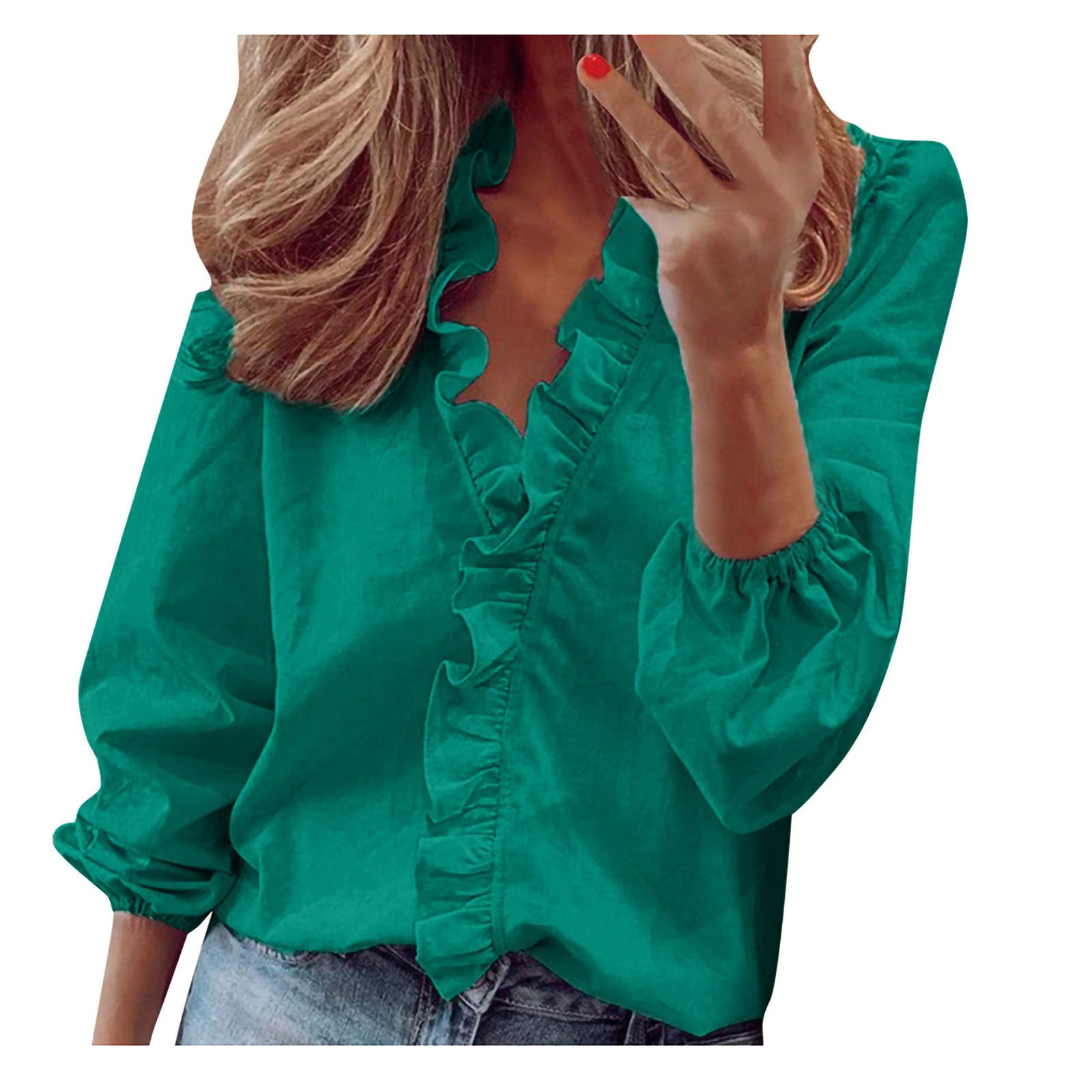 Women's Ruffle V-Neck Long Sleeve Blouse - Fashion Casual Loose Fit T-Shirt Top for Plus Size - Perfect for Office Wear, Date Nights & Everyday Outfits