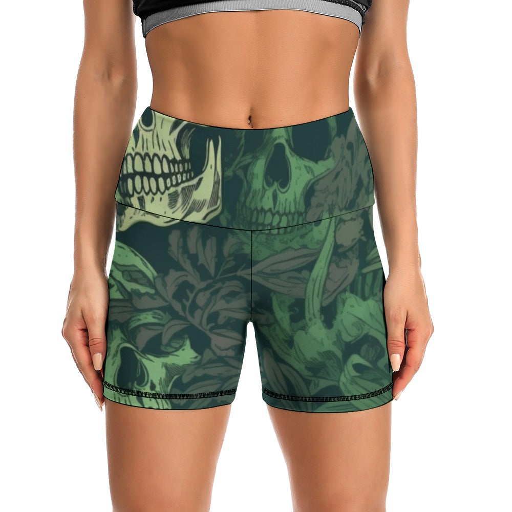 Stylish Green Skull Yoga Shorts for Women - High Waisted Workout Shorts for Yoga, Gym & Running - Trendy Fitness Apparel for Active Lifestyles