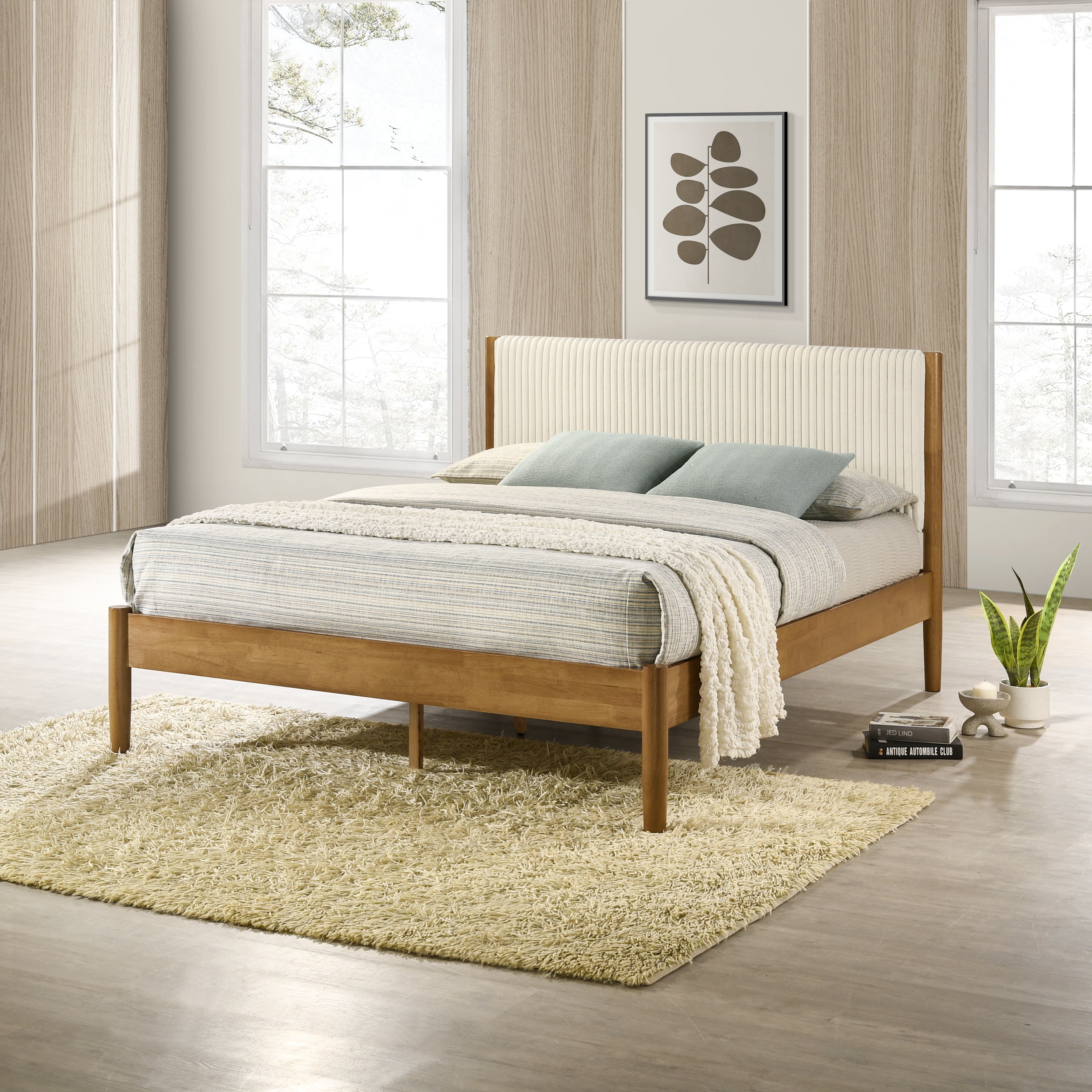 Roundhill Furniture Vichy 6-Piece Rubberwood Bedroom Set - Queen Upholstered Bed, Dresser, Mirror, 2 Nightstands & Chest | Solid Wood Furniture for Master Bedroom, Guest Room & Apartment Decor