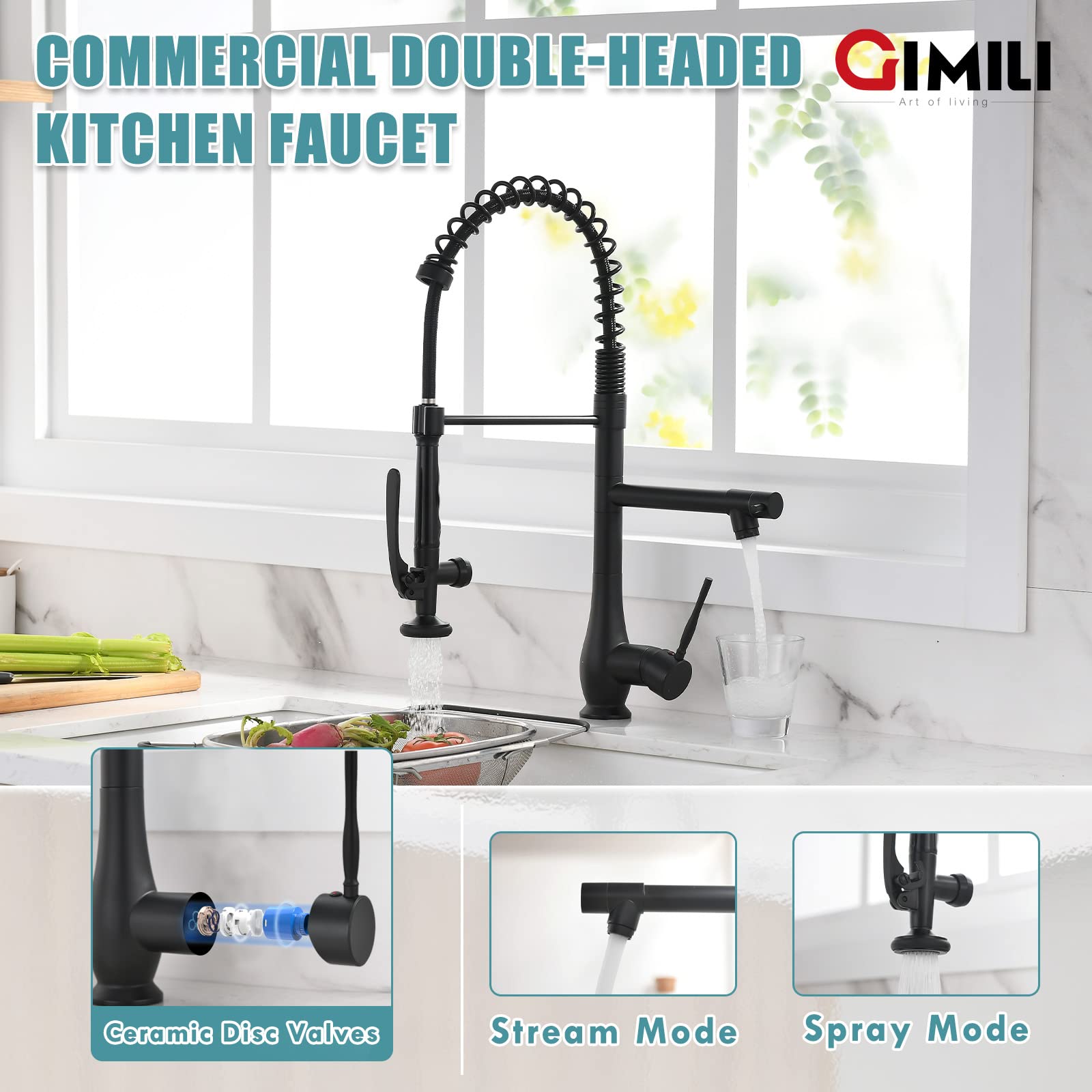 **GIMILI Matte Black Kitchen Faucet with Pull Down Sprayer - Single Handle High Pressure Commercial Sink Faucet - Ideal for Restaurants, Home Kitchens & Bar Use**