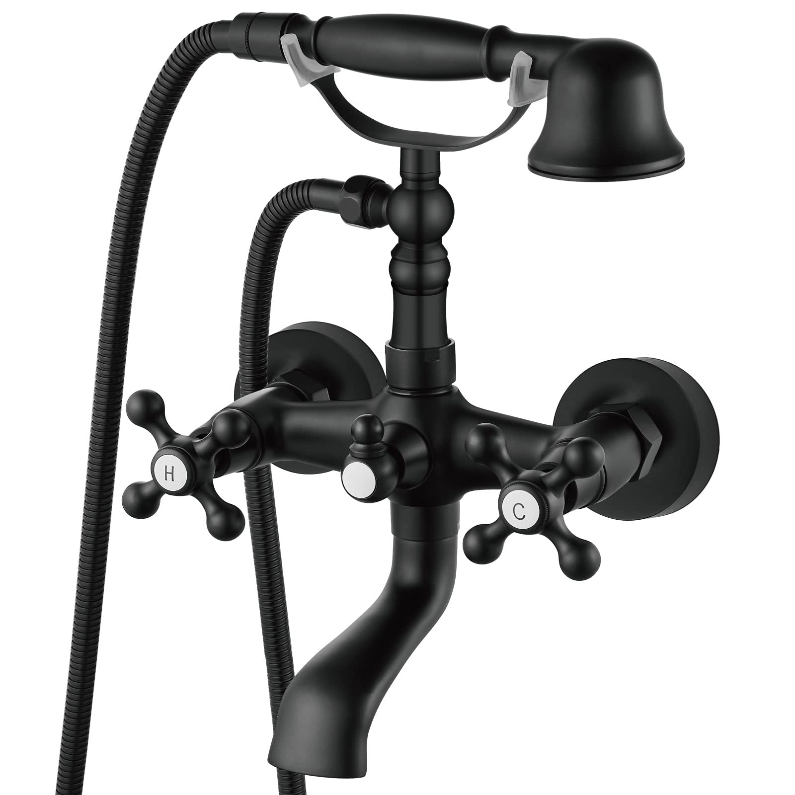 Aolemi Matte Black Wall Mount Bathtub Faucet with Hand Shower Sprayer - Vintage Double Cross Handle Mixer Tap - Perfect for Bathroom Renovation & Spa-Like Shower Experience