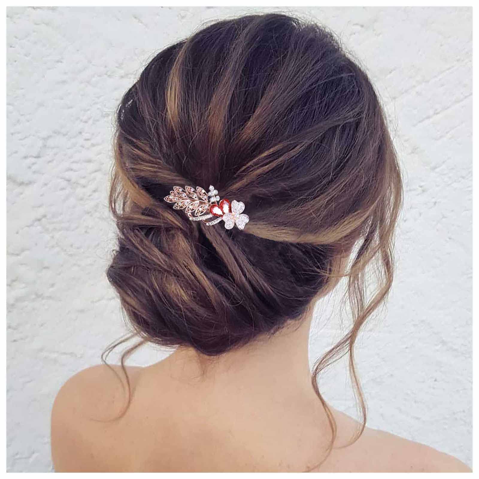 Sparkling Gold Rhinestone Crystal Wedding Hair Clip - Elegant Bridal Hair Accessories for Women & Girls | Perfect for Weddings, Prom, Parties & Special Occasions (Red)