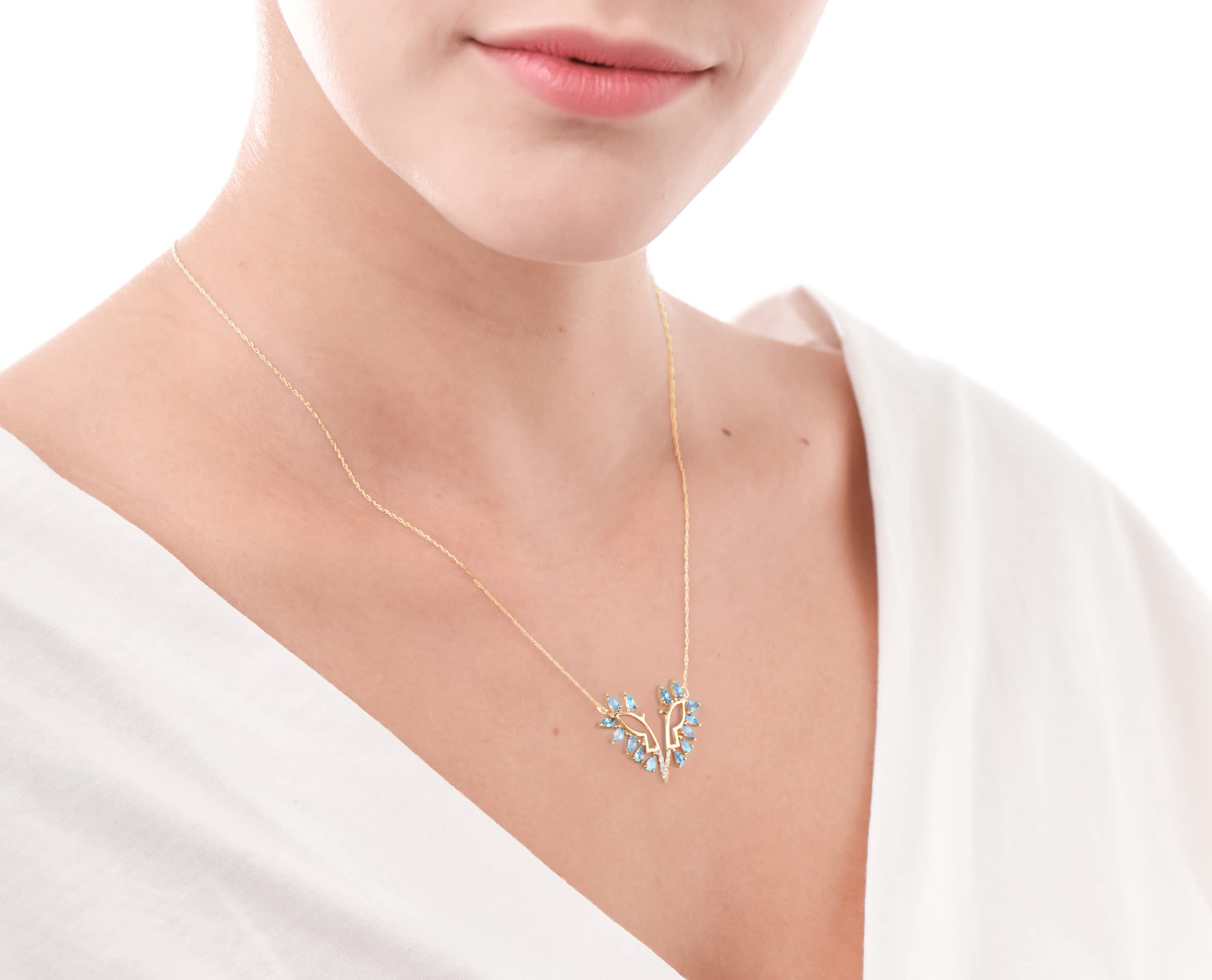 Aquamarine Diamond Pendant Necklace - Butterfly March Birthstone Gold Necklace for Women - Cluster Teardrop Delicate Wings Jewelry - Perfect Gift for Birthday, Anniversary & Valentine's Day
