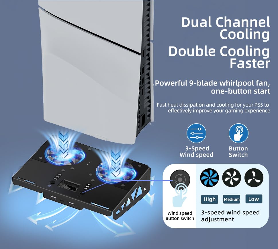 PS5 Wall Mount Bracket Kit with Cooling Fan & Charging Station - Floating Shelf Mount for PS5/PS5 Slim/PS5 Pro Disc & Digital Edition - Space-Saving TV Console Organizer for Gaming Room & Living Room Setup