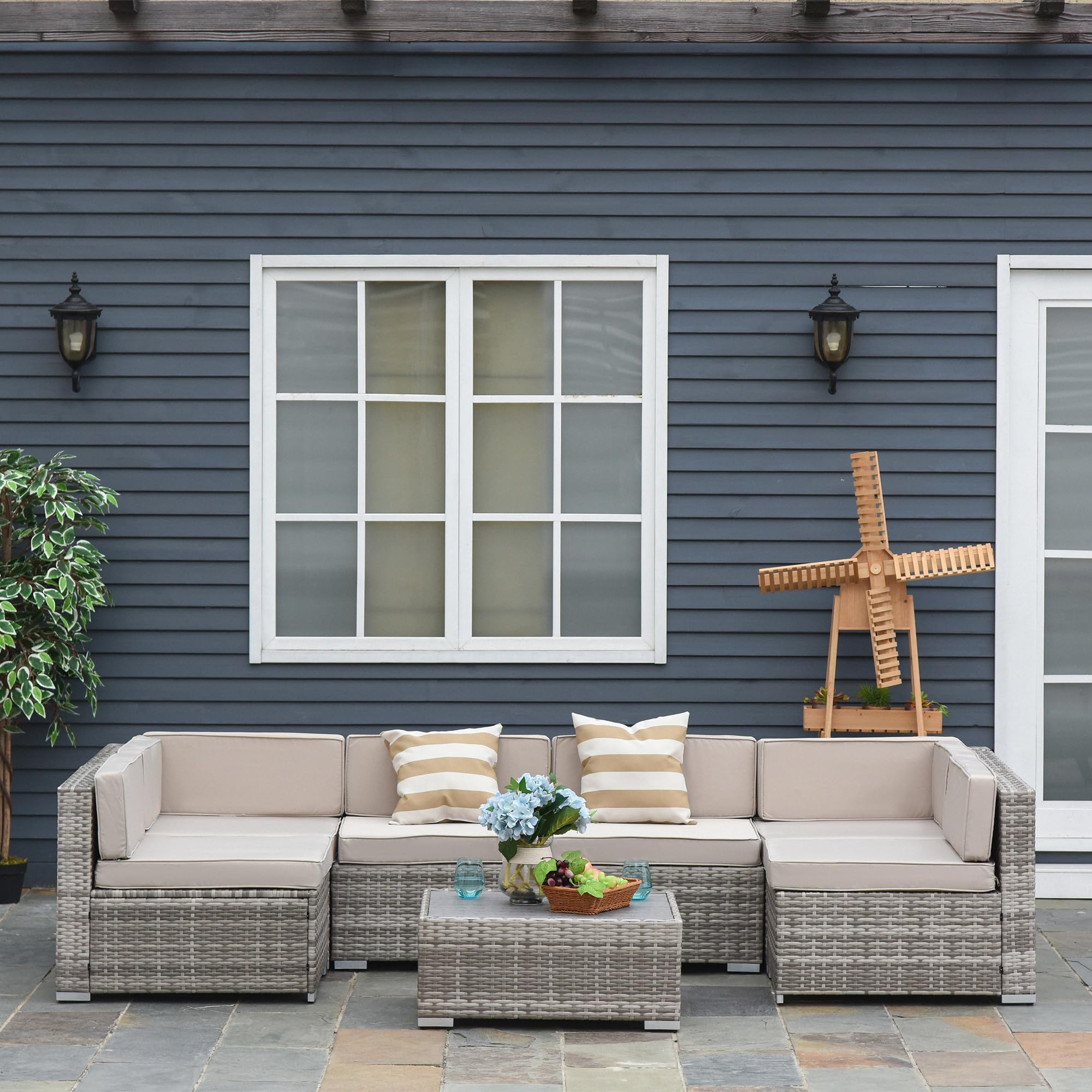 Outsunny 7-Piece All-Weather PE Rattan Patio Furniture Set, Outdoor Wicker Sectional Sofa with Cushions & Faux Wood Coffee Table - Beige Stripe Pillows - Perfect for Garden, Backyard, Poolside & Patio Relaxation