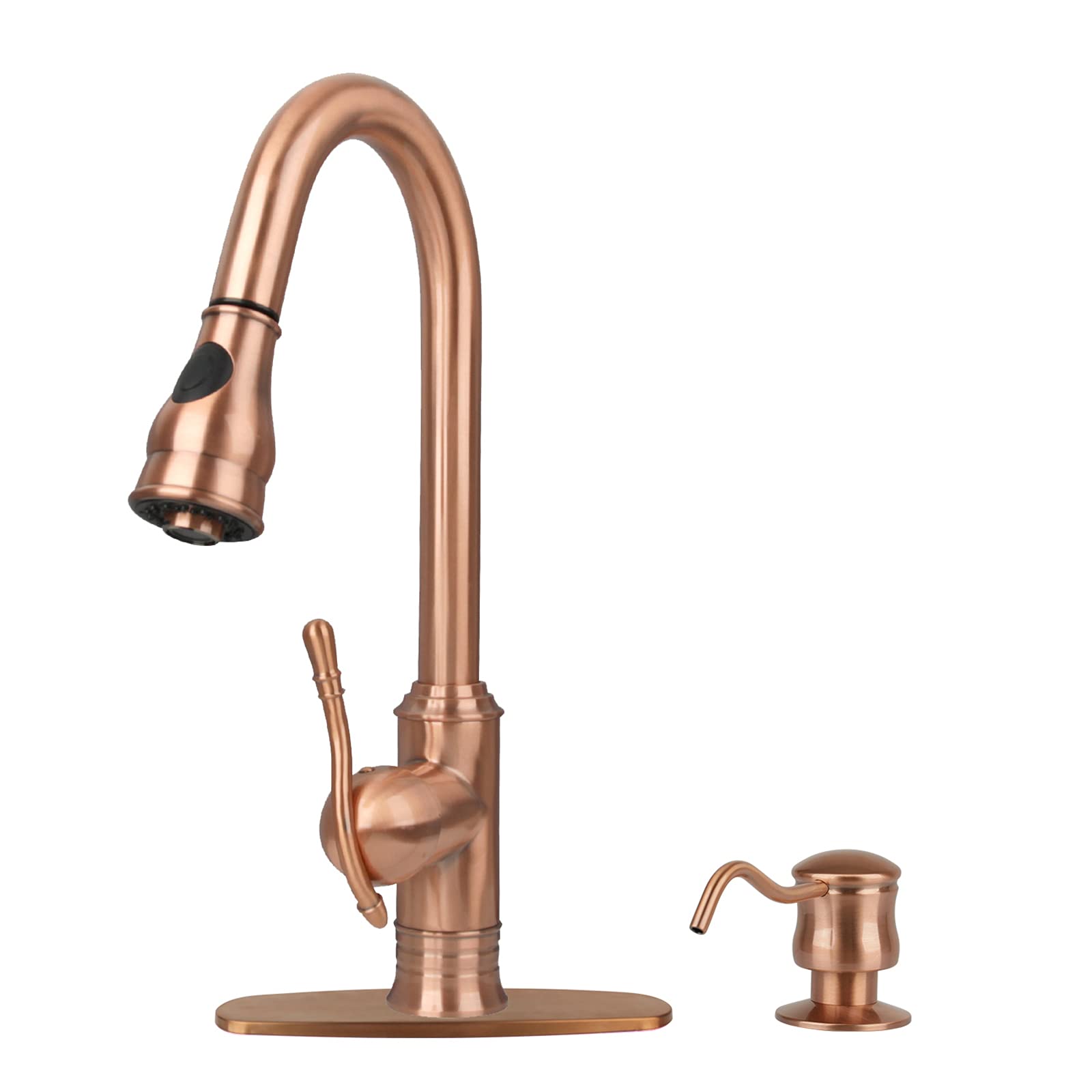 Akicon High Arc Pull Down Kitchen Faucet with Soap Dispenser - Single Handle Solid Brass Sprayer Head & Deck Plate - Perfect for Modern Farmhouse & Commercial Kitchens (Model OH415)