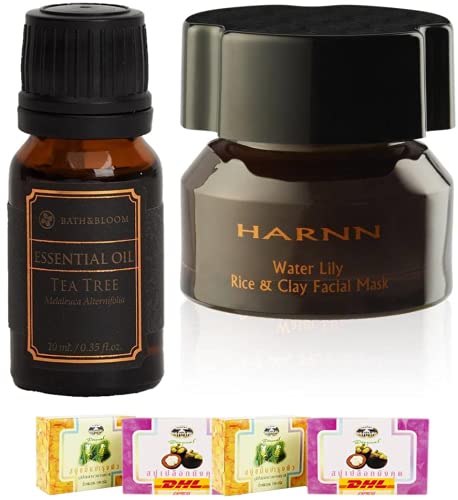 Harnn A41 Bath & Bloom Tea Tree Essential Oil with Water Lily, Rice & Clay - Thai Spa Set for Relaxation & Skincare | Free Tomato Facial Mask Included | Perfect for Home Spa, Gift Giving & Self-Care Routine