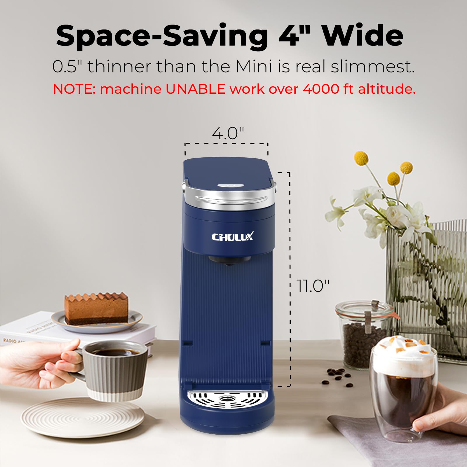 CHULUX Slim Single Serve Coffee Maker for K-Cups & K-Pods - Compact One Cup Coffee Machine with 6-12oz Brew Sizes, Fits 7.3