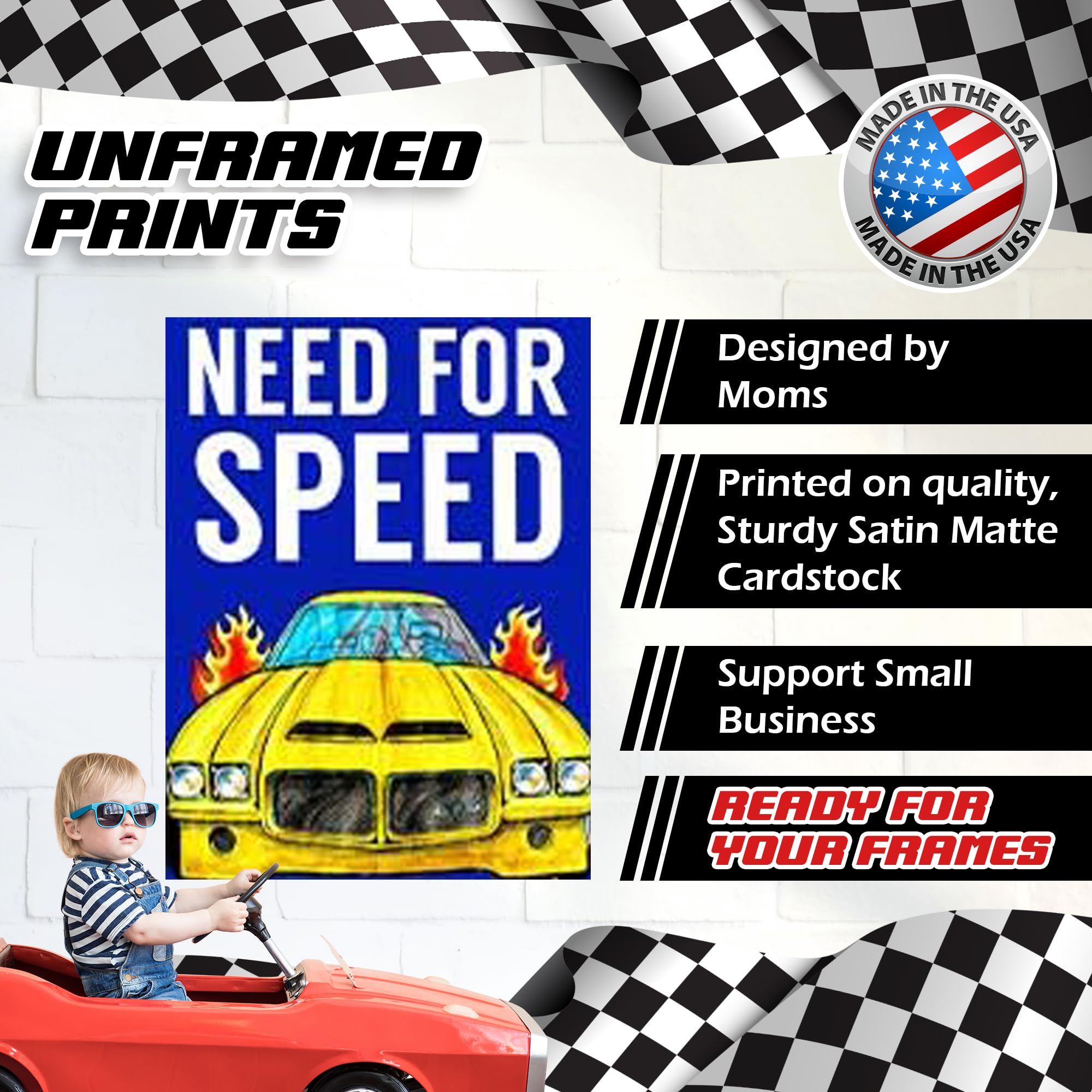 Race Car Posters for Boys Room - 5pc Vibrant Decor with Inspiring Quotes