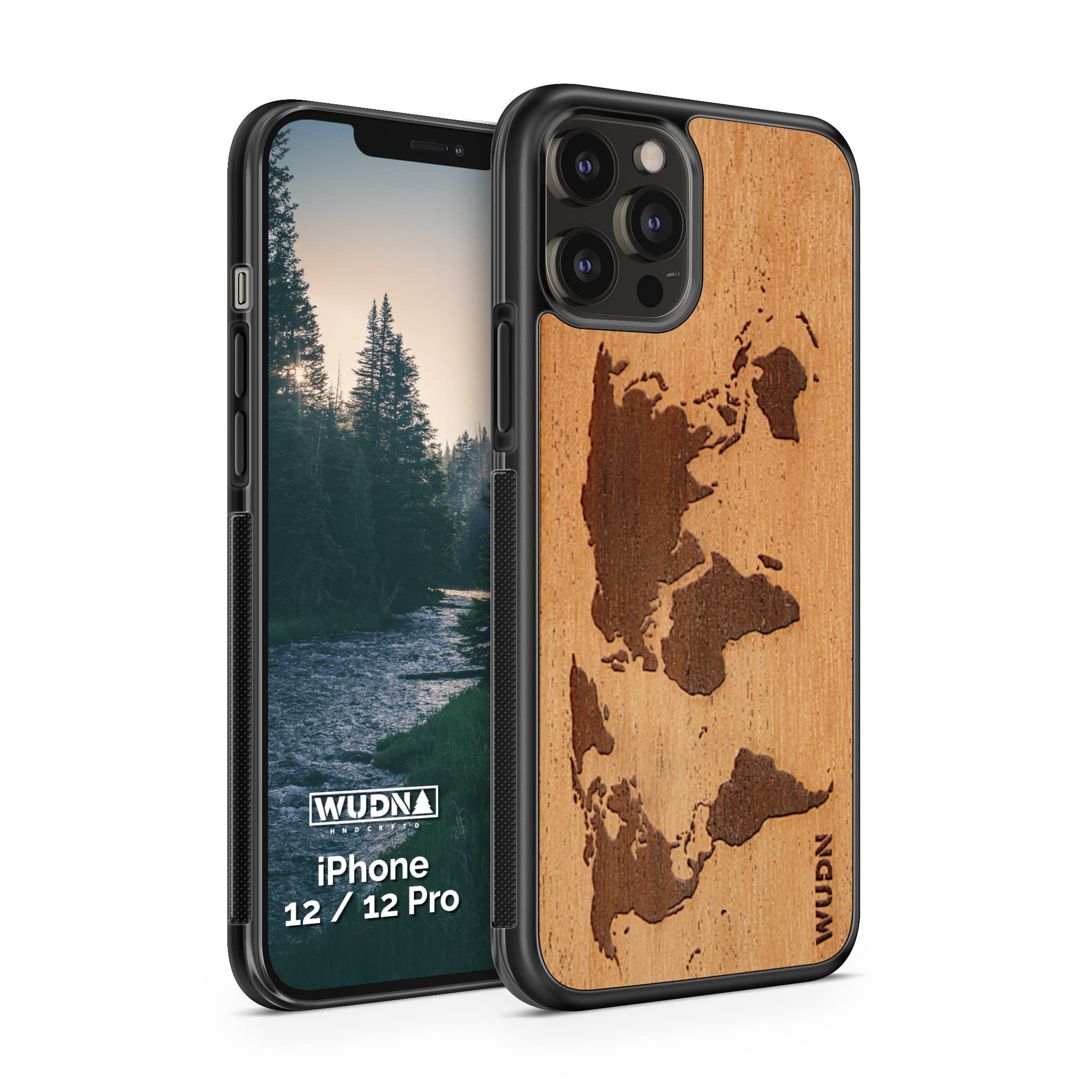 Premium WUDN Real Wood Phone Case for iPhone 12 Pro/12 - Mahogany World Map Design, Slim Protective Cover | Perfect for Travelers & Geography Enthusiasts