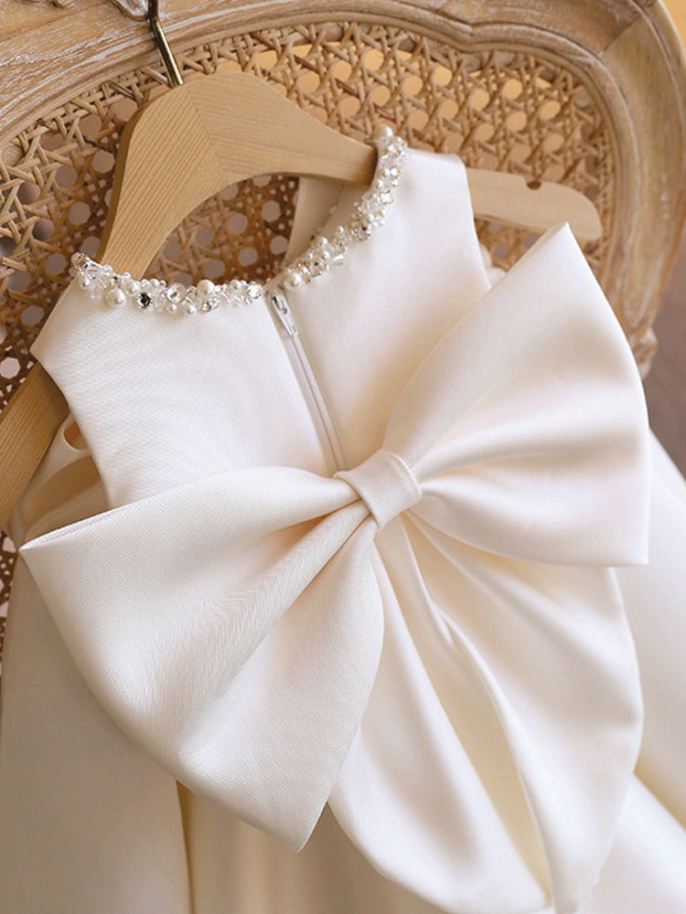 White Princess Round Tea Length Satin Flower Girl Dress for Weddings & Special Occasions