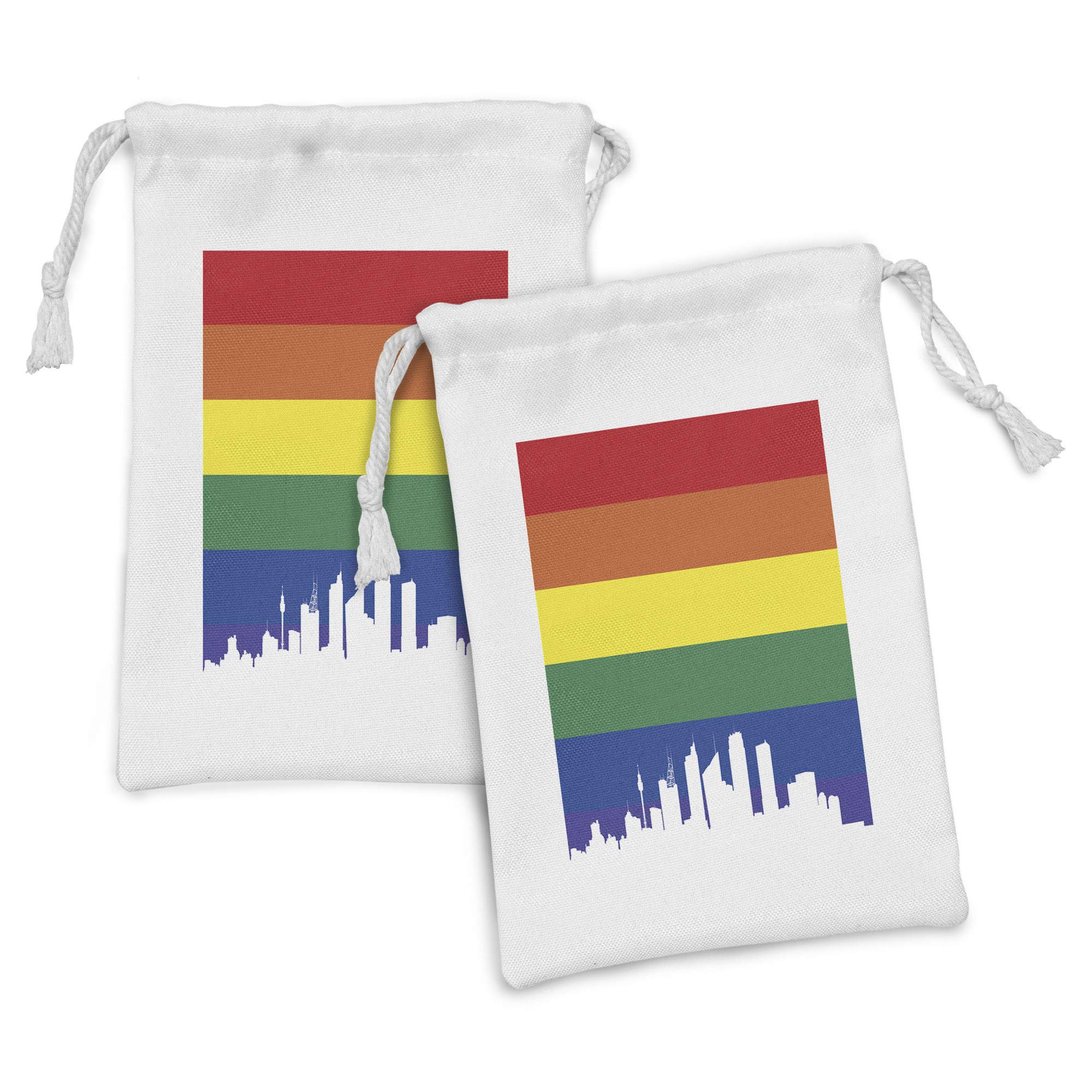 Ambesonne Pride Fabric Pouch Set of 2 - Rainbow Flag Sydney Skyline Drawstring Bags for Toiletries, Makeup & Travel Essentials (9
