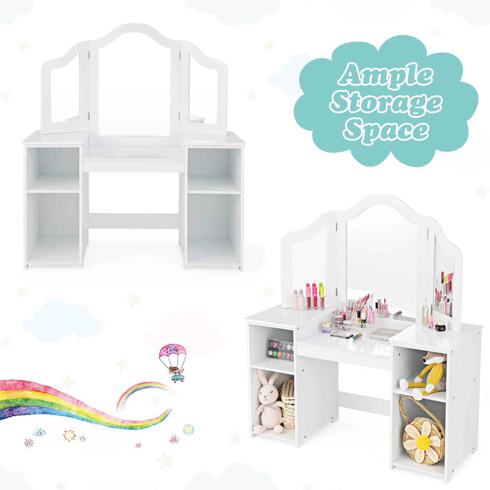 INFANS Kids Vanity Set - 2-in-1 Princess Makeup Desk & Chair with Tri-Folding Mirror, Large Storage Shelves, Wooden Pretend Play Dressing Table for Girls - Perfect for Birthday Gifts & Bedroom Decor