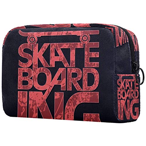 Skateboard Typography Graphic T-Shirt & Sporty Cosmetic Bag Set - Travel Makeup Pouch Organizer for Women & Girls - Perfect for Skateboarding, Gym, and Vacation Toiletry Storage