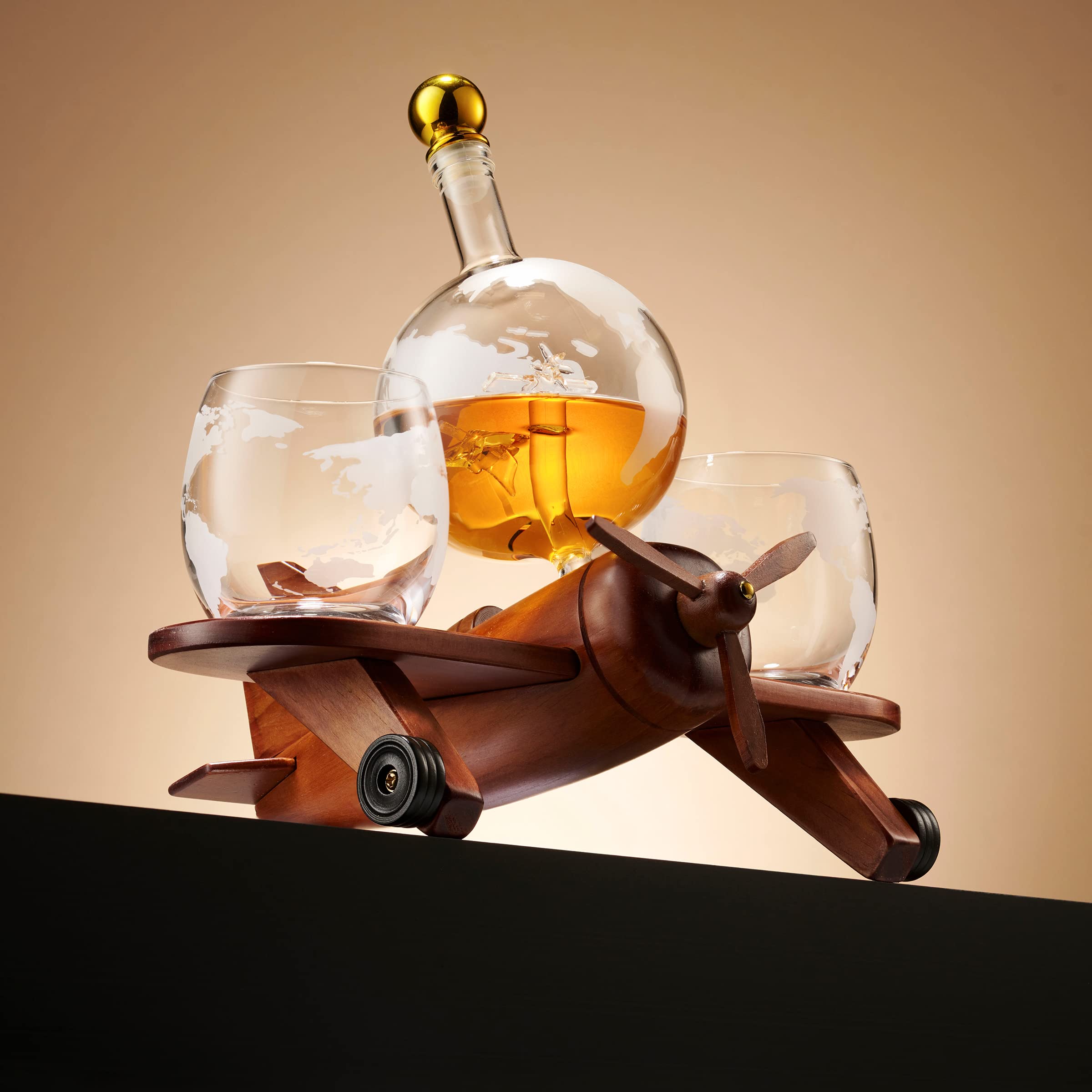 Premium Godinger Whiskey Decanter Airplane Globe Set with 2 Crystal Whiskey Glasses - Luxury Scotch Bourbon Vodka Liquor Gift Set for Home Bar, Office & Special Occasions