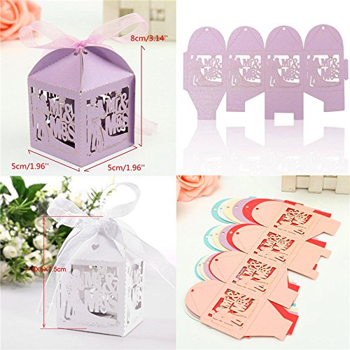 50pcs DIY Bride and Groom Wedding Candy Favor Boxes with Ribbon - Laser Cut Pearl Paper Gift Boxes for Wedding Party Decorations - Perfect for Bridal Showers, Receptions, and Anniversary Celebrations (Beige)