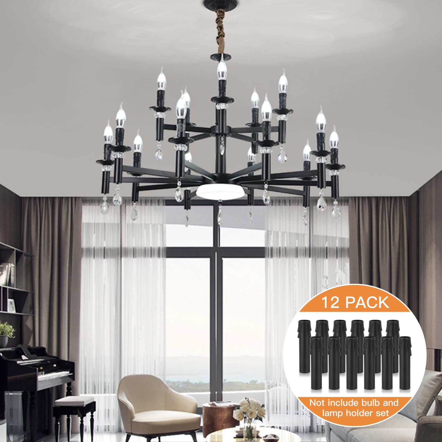 Helunsi 12 Pack Black Plastic Chandelier Candle Sleeves - 4 Inch E12 Candelabra Light Socket Covers for DIY Lamp Replacement Parts | Perfect for Dining Room, Bedroom, and Wedding Decor Lighting