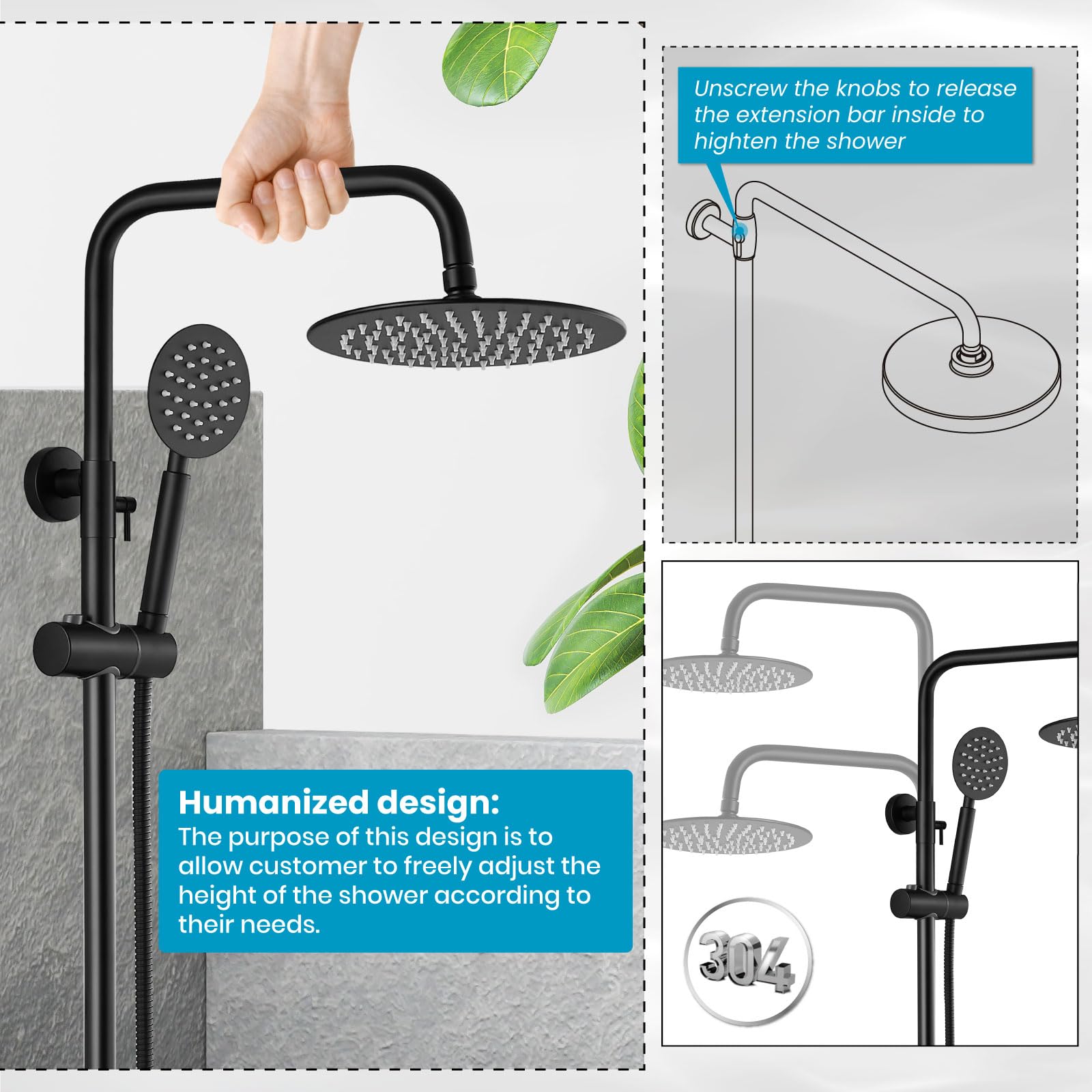 Gotonovo SUS304 Stainless Steel Outdoor Shower System - High Pressure Rainfall Shower Head Combo with 8