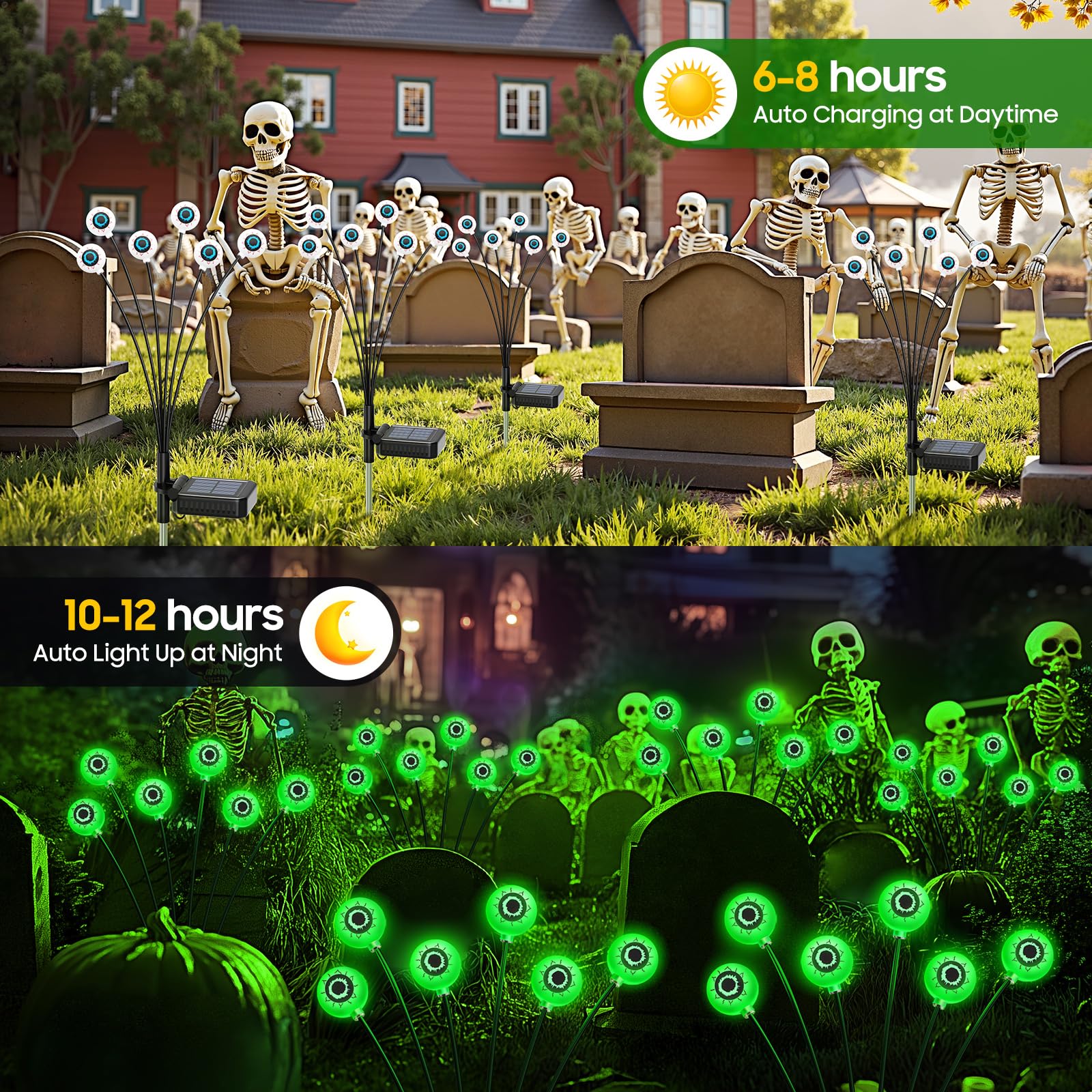 6 Pack Solar Halloween Decorations Outdoor - 36LED Scary Eyeball Lights with Wind Swaying Effect, Waterproof Green Halloween Pathway Lights for Yard, Lawn, Garden - Perfect for Spooky Halloween Party & Trick-or-Treat Decor