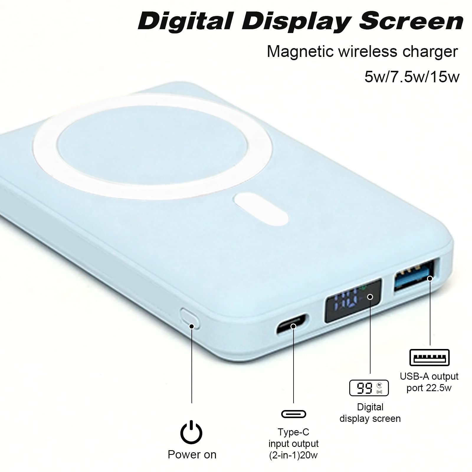 10000mAh Magnetic Wireless Portable Charger - PD 22.5W Fast Charging Power Bank with QC3.0 & USB-C | LED Display MagSafe Battery Pack for iPhone 14/13/12 Pro Max/Pro/Mini (Sierra Blue) | Perfect for Travel, Camping & On-the-Go Charging