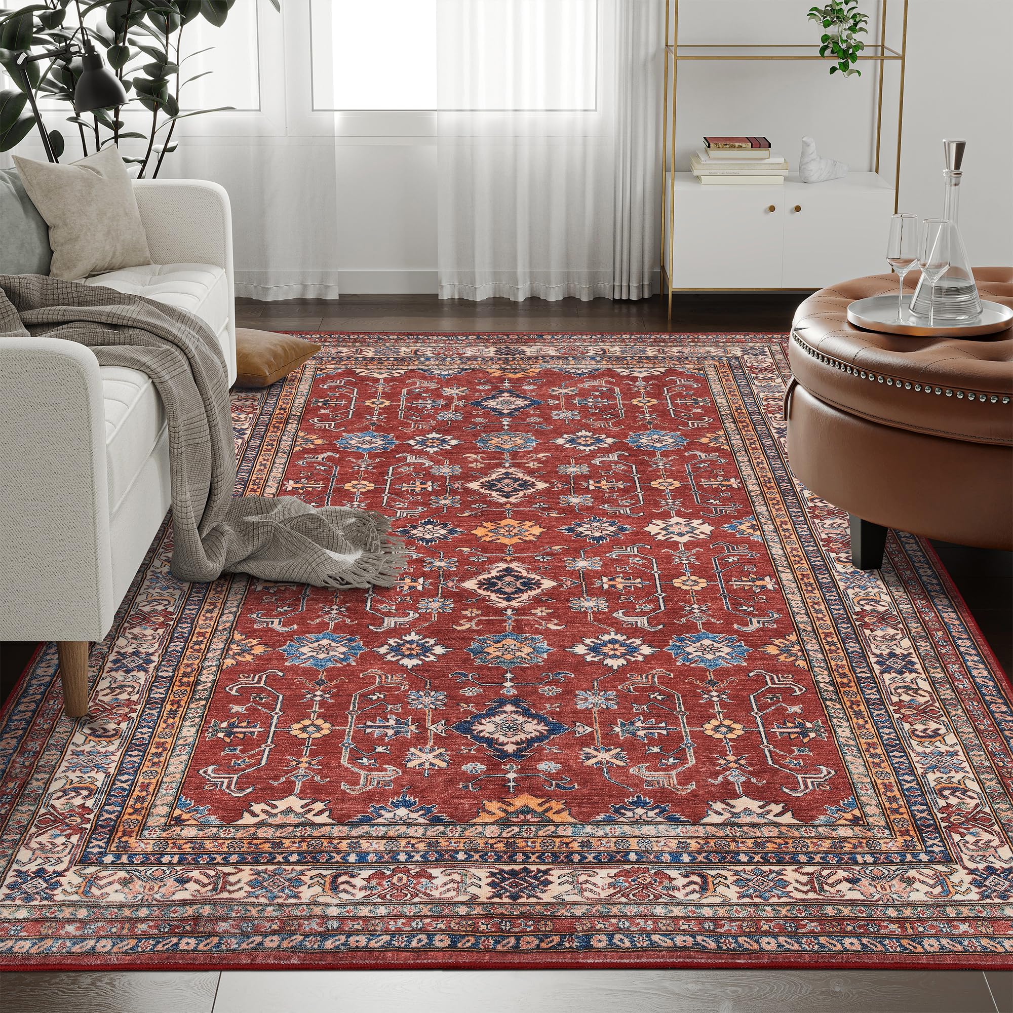 Rugland 5x7 Area Rugs - Stain Resistant Washable Vintage Tribal Rug with Non-Slip Backing for Living Room, Bedroom & Dorm (Burgundy, 5'x7') | Perfect for High Traffic Areas & Cozy Home Decor