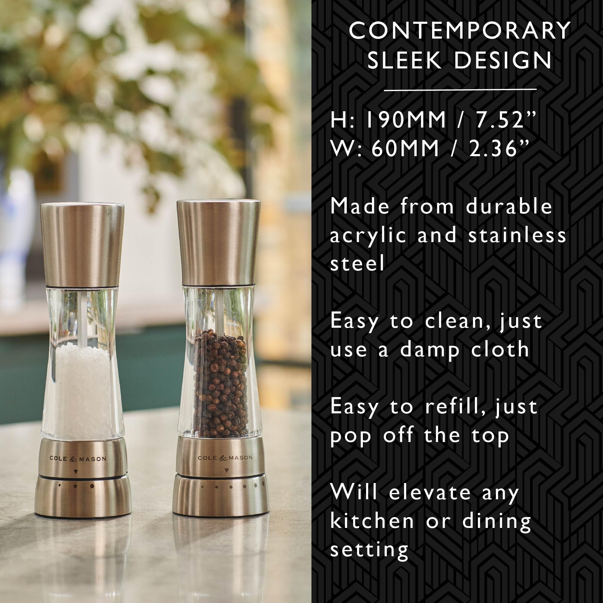 Cole & Mason Derwent Salt and Pepper Grinder Set - Adjustable Coarseness, Premium Stainless Steel & Acrylic Design, 7.5