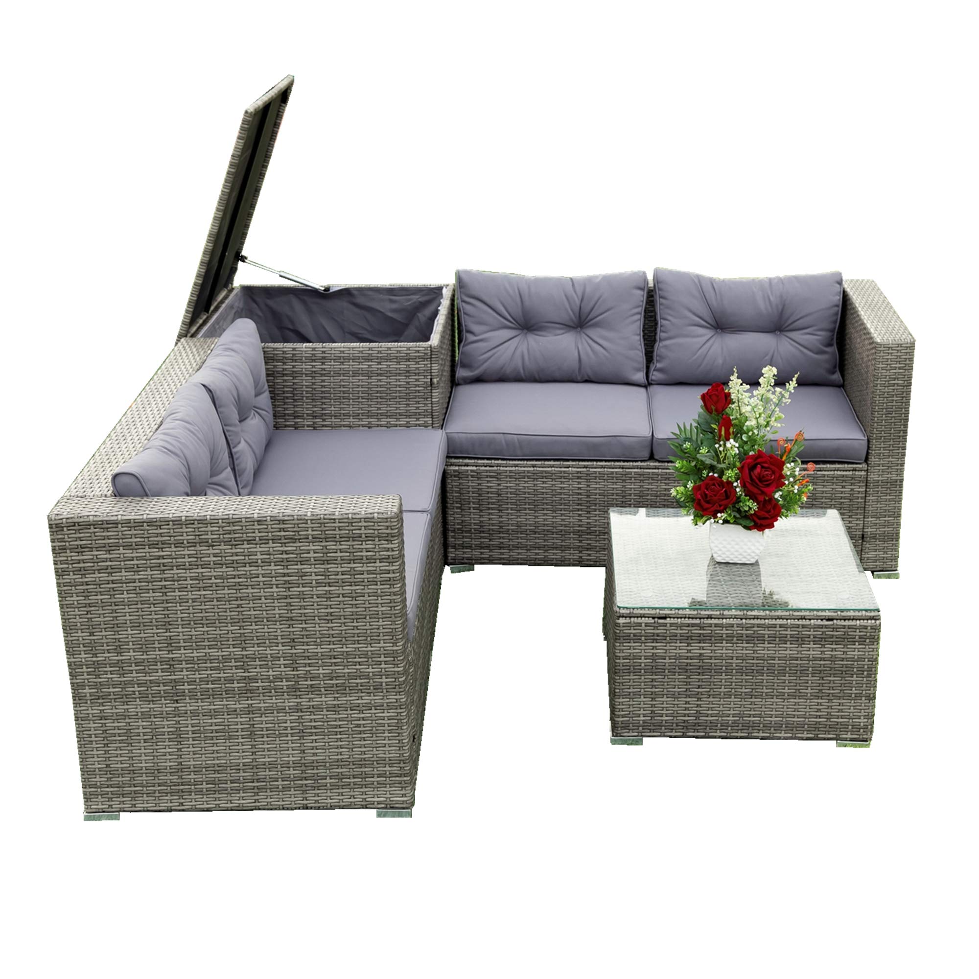 4-Piece All-Weather Outdoor Patio Furniture Set - Wicker Rattan Sectional Sofa with Storage Box & Washable Cushions, Glass Table - Perfect for Garden, Poolside, Porch & Backyard Relaxation