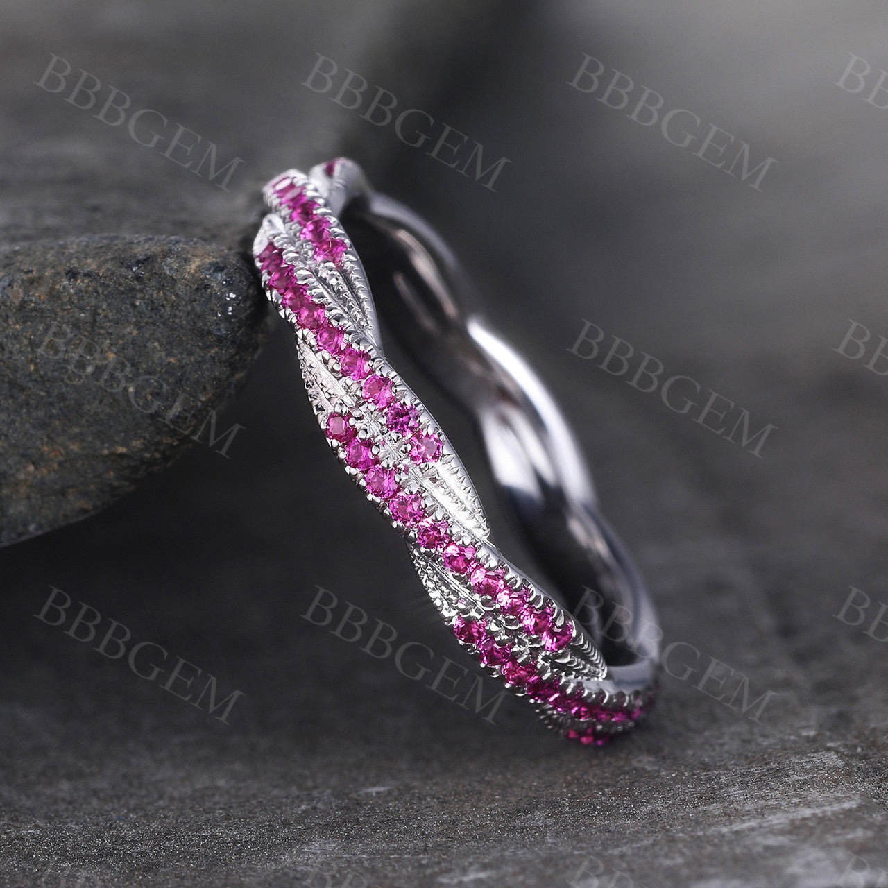 Twisted Ruby Wedding Band - Unique White Gold Ruby Stacking Ring for Women | Perfect for Engagement, Anniversary & Bridal Jewelry Gifts