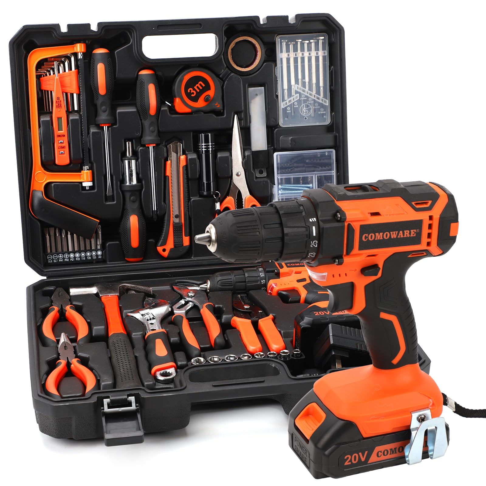 COMOWARE 20V Cordless Drill Set with 120-Piece Tool Kit - Electric Power Drill Driver for Home Repair, DIY Projects & Garden Maintenance - Complete Household Tool Set for Men & Women