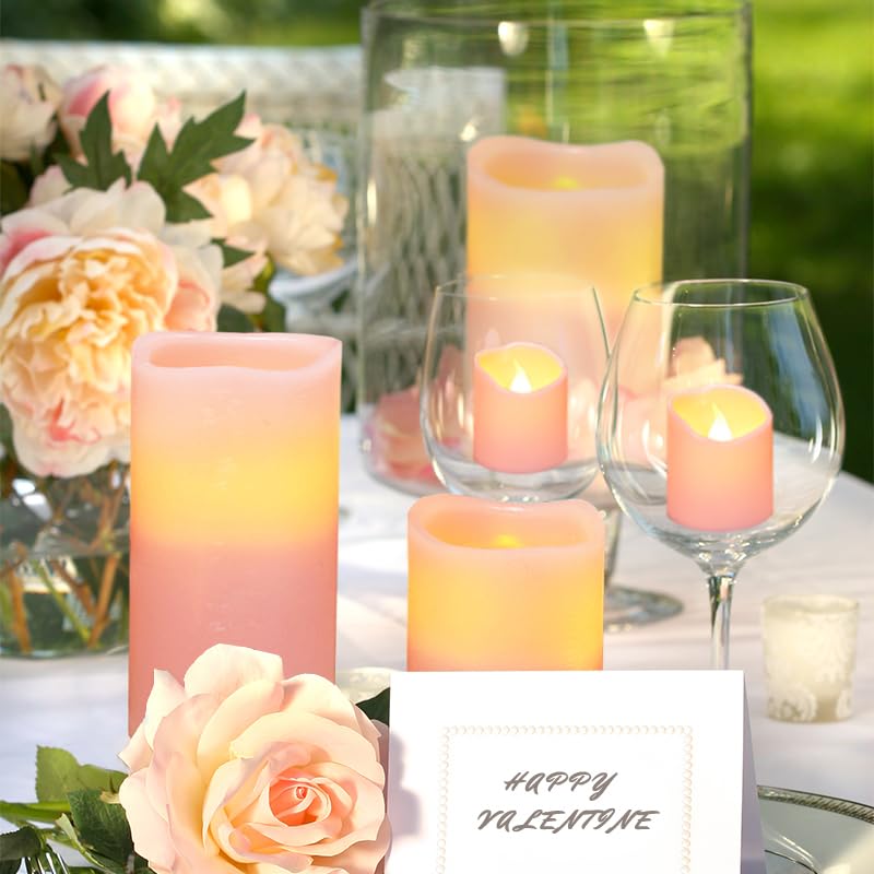 FURORA LIGHTING 8-Pack Pink Real Wax Flameless LED Candles with Remote & Timer - 4 Pillar & 4 Votive Flameless Candles Set, Battery Included for Home Decor, Wedding, Party & Romantic Ambiance Lighting