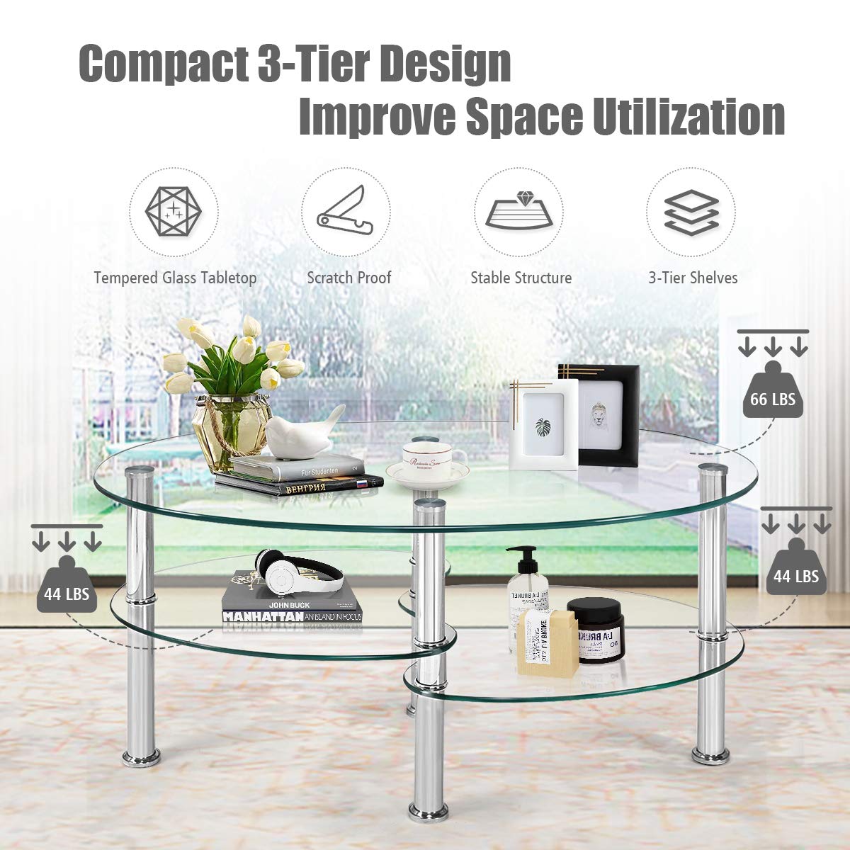 Modern Glass Coffee Table with Steel Legs - Clear Tempered Glass Top & Sturdy Metal Frame for Living Room, Lounge, or Office - Stylish Cocktail & Tea Table for Home Decor